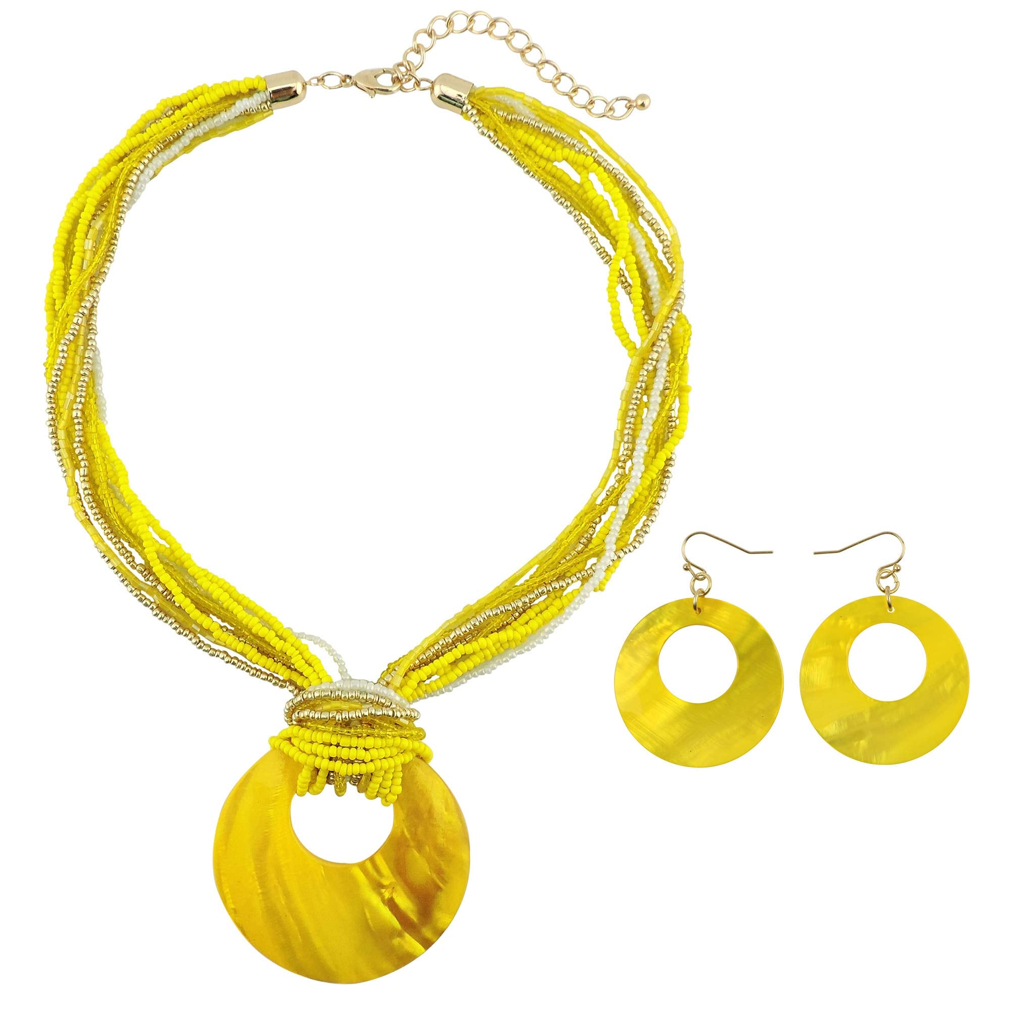 Coiris Multi Strand Statement Colorful Beaded Necklace with Big Circle Shell Pendant for Women (N0055Yellow)