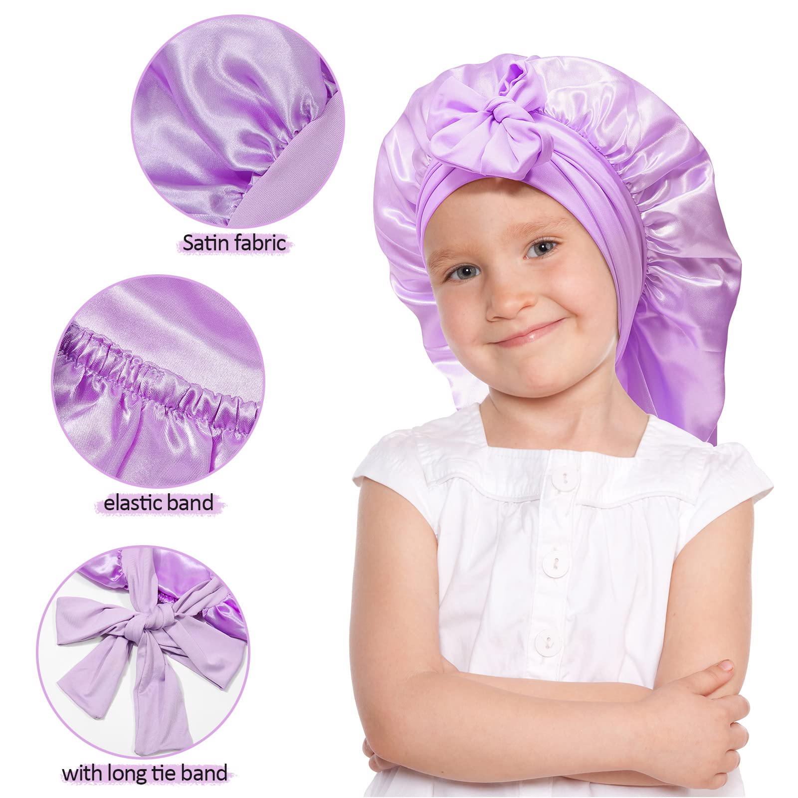 Awaytr Long Toddler Silk Bonnet For Sleeping Elastic Satin Bonnets For Curly Hair Braid Night Cap For Aged 3-12 Kids (Light Purp