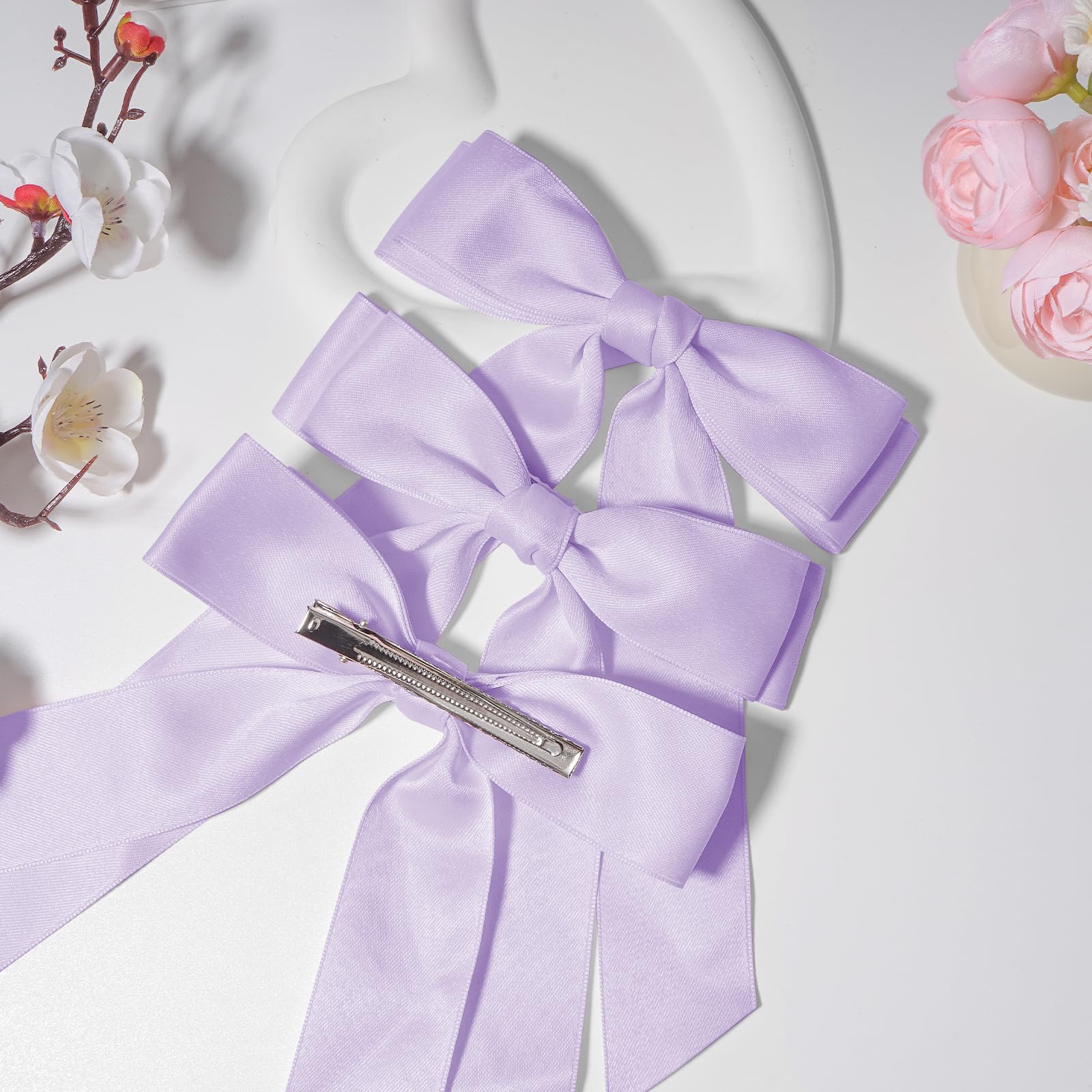 3Pcs Purple Hair Bows For Women Double-Layer Long Tail Bow Hair Clip Hair Ribbon Ponytail Holder Hair Accessories For Girls Todd