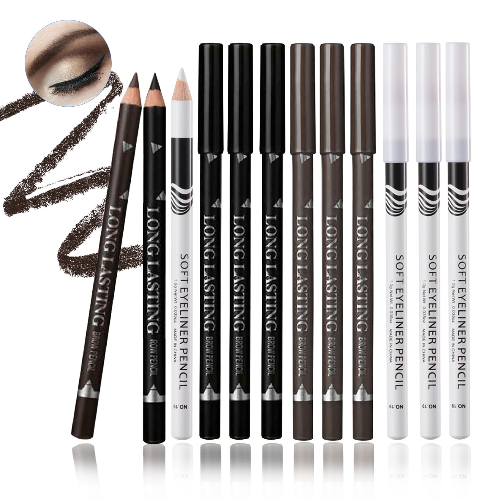 LJYBoBin 12PCS Eyeliner Pencil,Black White Dark Brown Waterproof Eyeliner Pencil Pen Set,Smudge-proof Long Lasting Matte Eye Lin