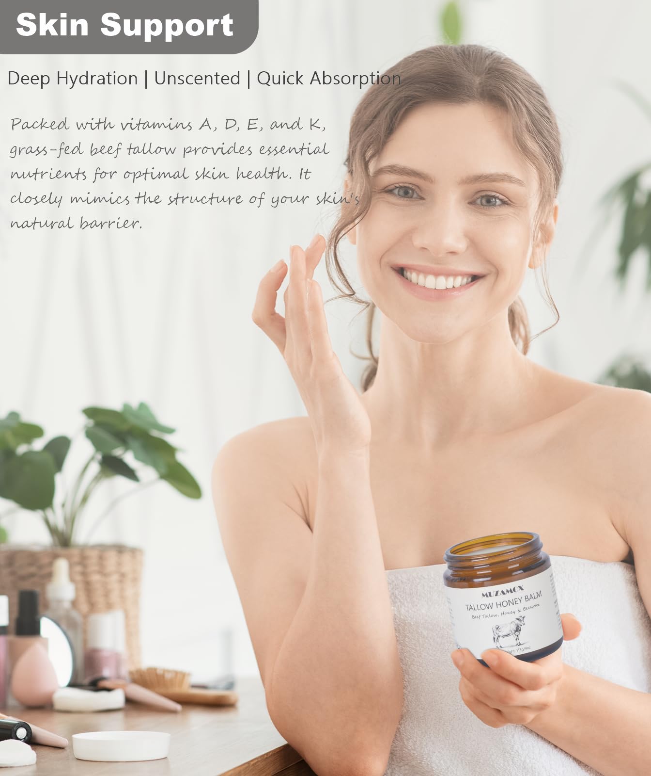 MUZAMOX Beef Tallow for Skin (4 OZ), Whipped Beef Tallow and Honey Balm, Tallow Face Moisturizer, Grass Fed Beef Tallow for Face