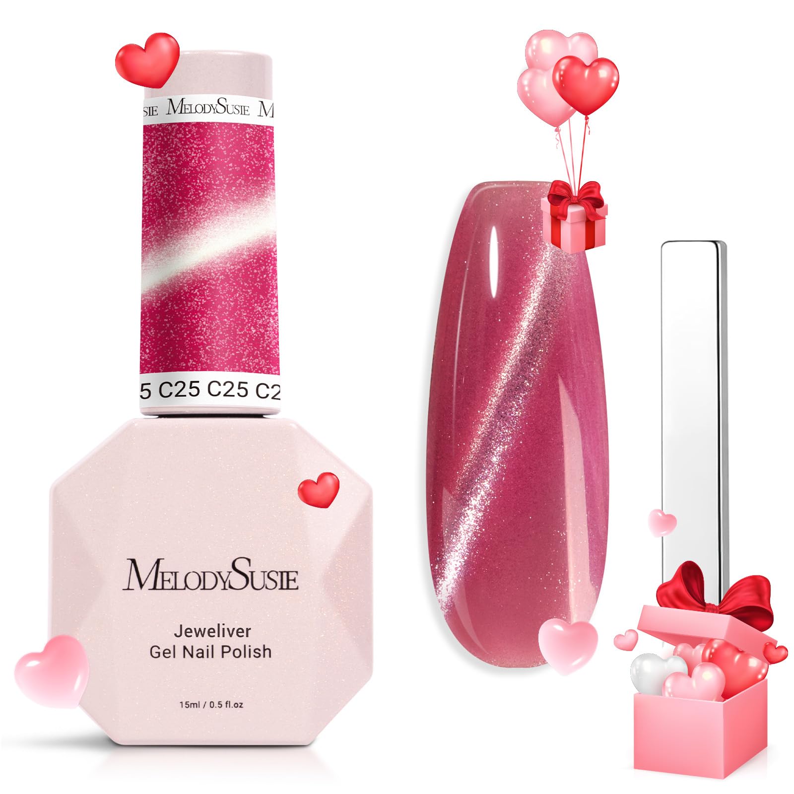 MelodySusie Jeweliver Cat Eye Gel Nail Polish, 0.5 Fl Oz Hot Pink Glitter Holographic Magnetic Nail Polish with Magnet, UV Nail 