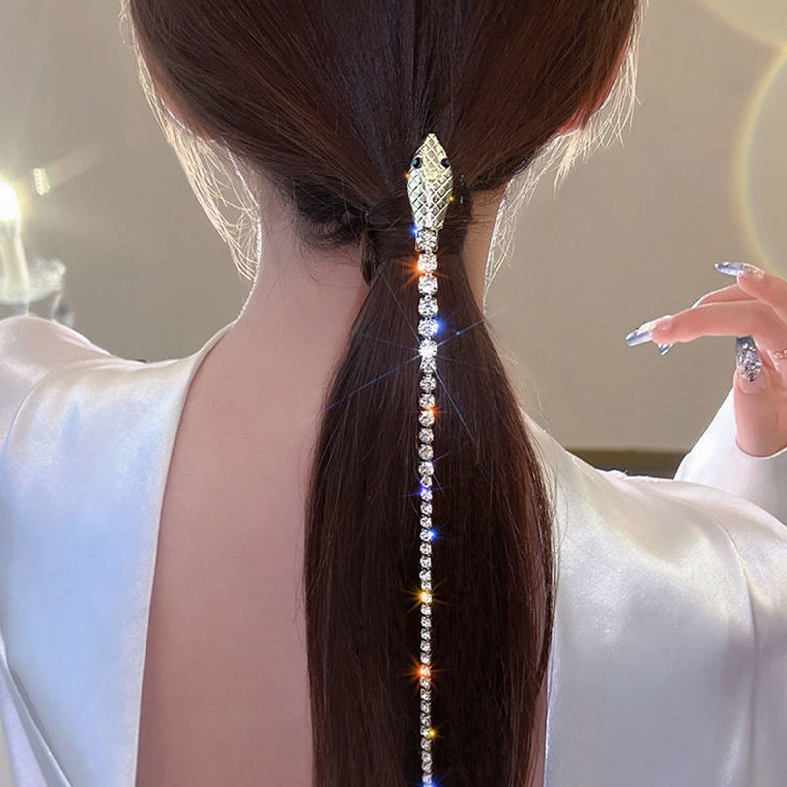 NICENEEDED 2Pcs Full Rhinestones Snake Hair Chains, Punk Crystal Tassel Hair Clip Chains, 20 Inch Long Rhinestone Decorative Hai
