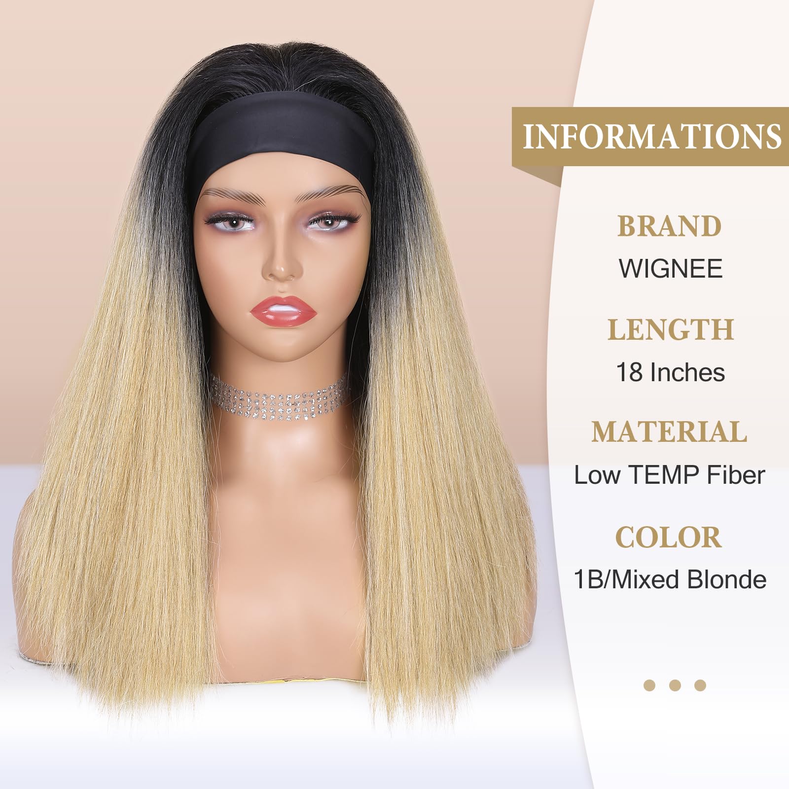 Wignee Blonde Kinky Straight Headband Wig For Women 18 Inches Yaki Straight Wigs With Black Headband Kinky Straight Wigs For Bla