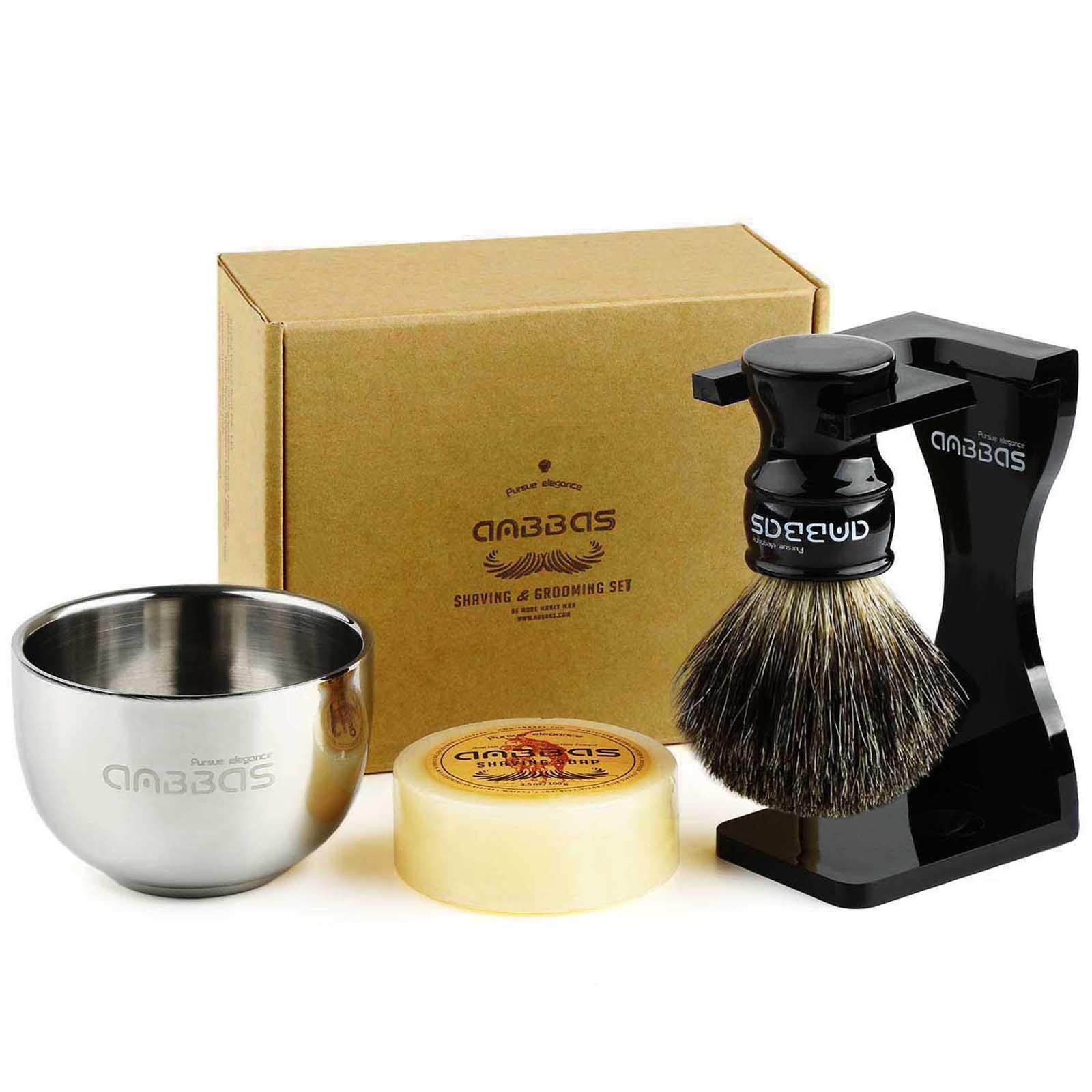 Shaving Set, 4in1 Anbbas Pure Black Badger Shaving Brush with Long Resin Handle and Acrylic Thicken Shaving Stand,Soap Bowl Stai