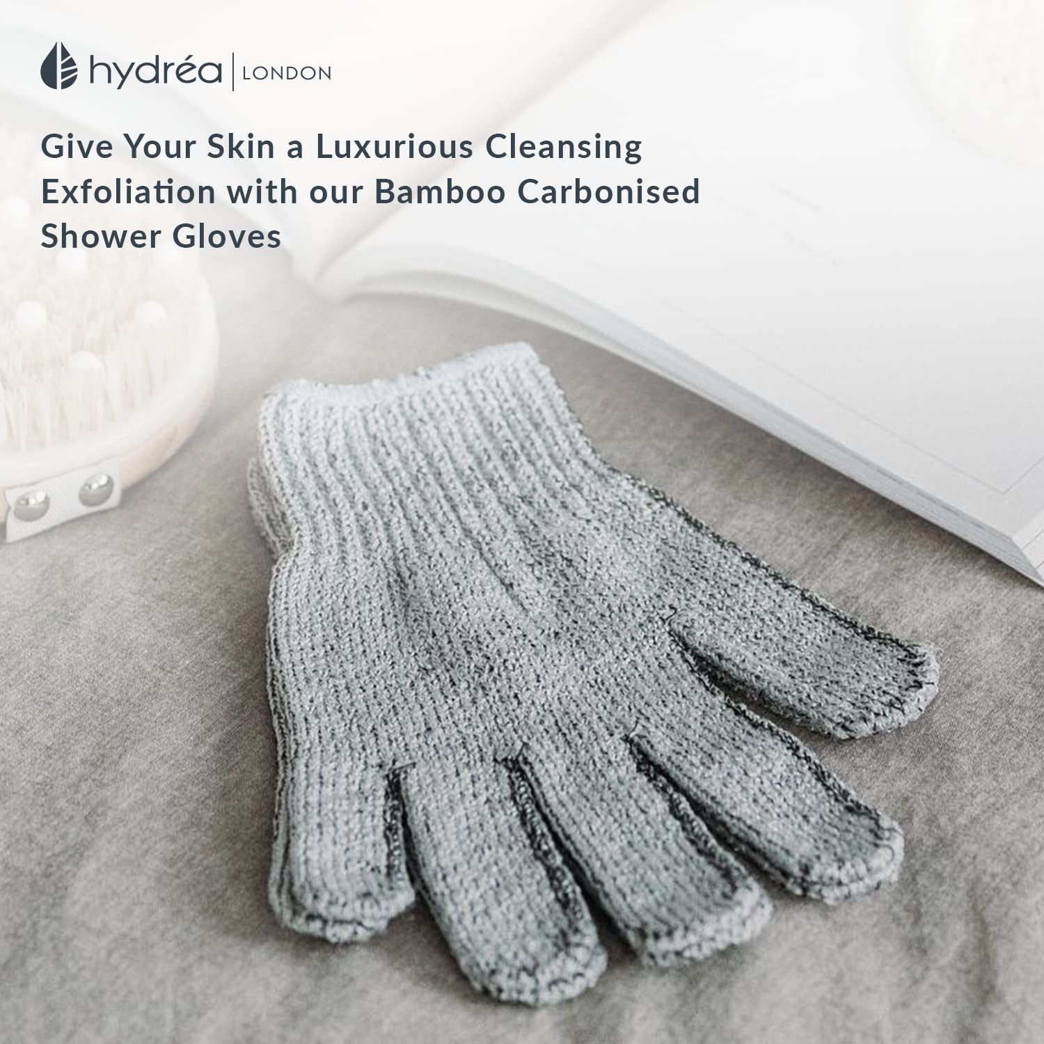 Hydrea London Exfoliating Gloves - Carbonised Bamboo Face Exfoliator & Body Scrubber For Men & Women - Deep-Cleansing & Smoothin