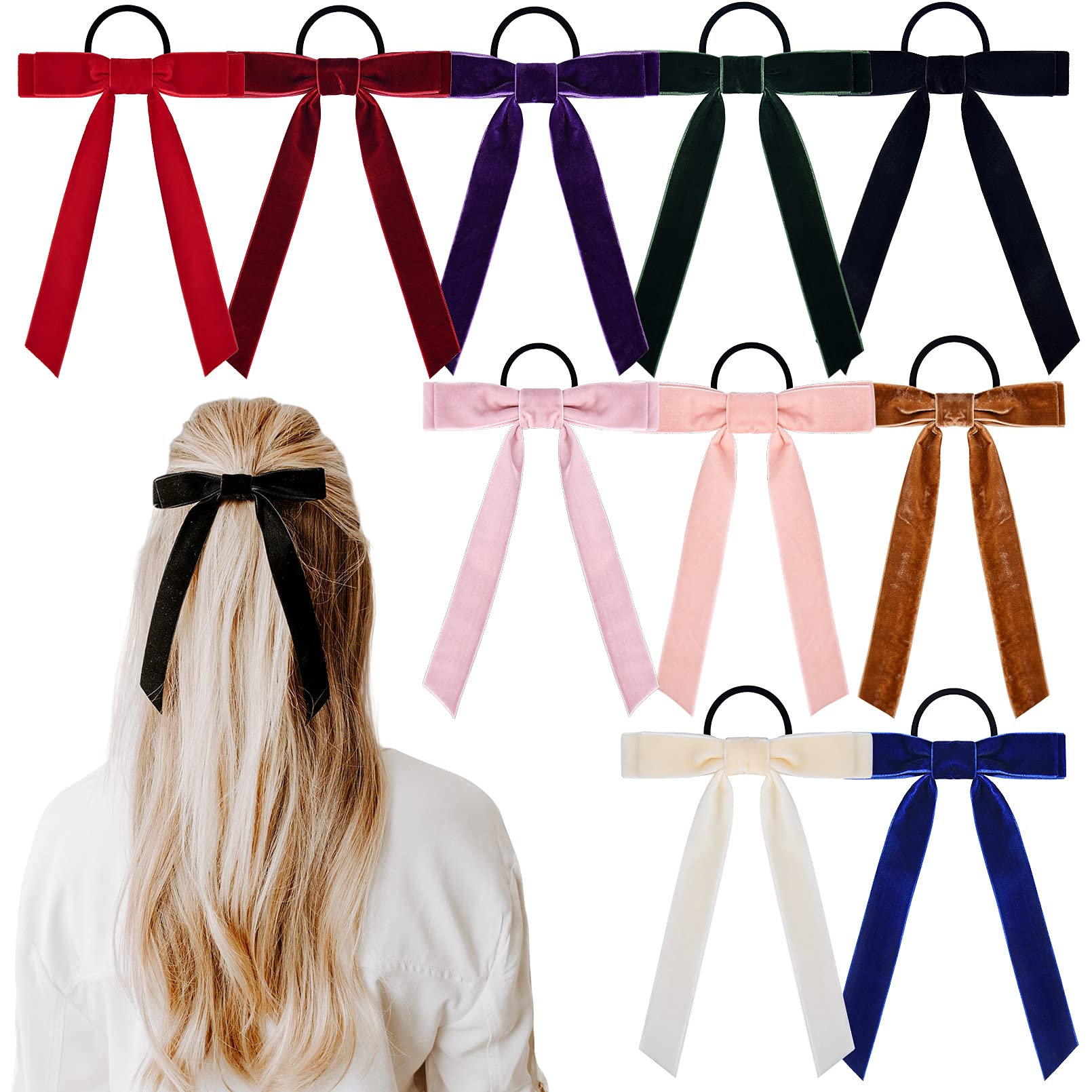 10Pcs Bow Hair Tie Velvet Hair Ribbon Elastics Hair Scrunchies Long Ponytail Holder Hair Bow Bands Rope Accessories For Women Gi