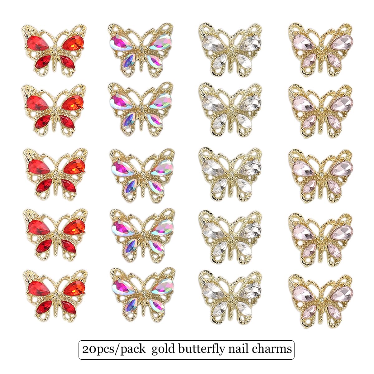 20Pcs Butterfly Nail Charms, 3D Butterfly Shape Nail Rhinestones, Ab Color Red Pink Diamond Gems For Nail Art, Metal Gold Butter