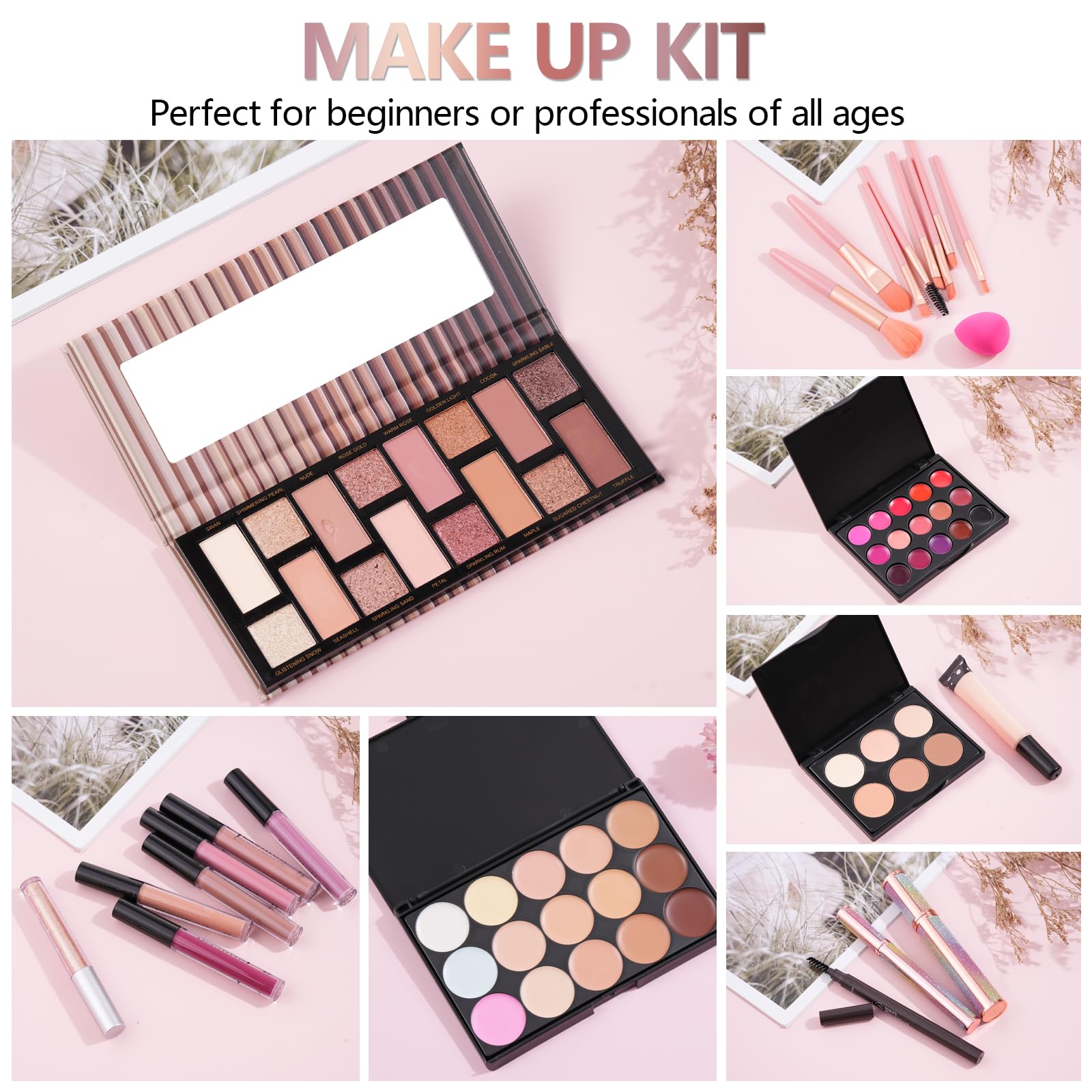All In One Makeup Kit For Girls Gift, Makeup Kit For Women Full Kit Includes Sponge Eyeshadow Liquid Lipstick Concealer Eyeliner