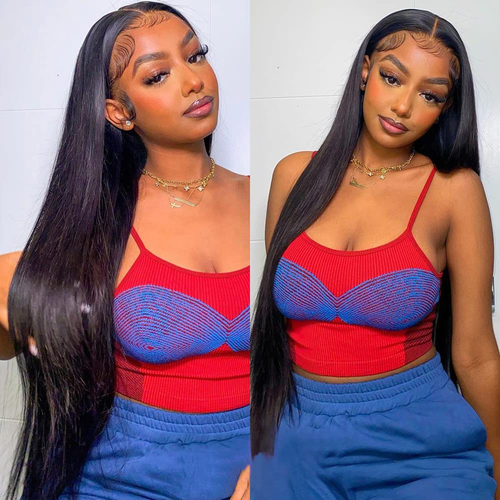 Metamuclia Hair 32 Inch Long Straight Lace Front Wigs Human Hair Pre-Plucked 180% Density 13X4 Hd Lace Frontal Human Hair Wigs F