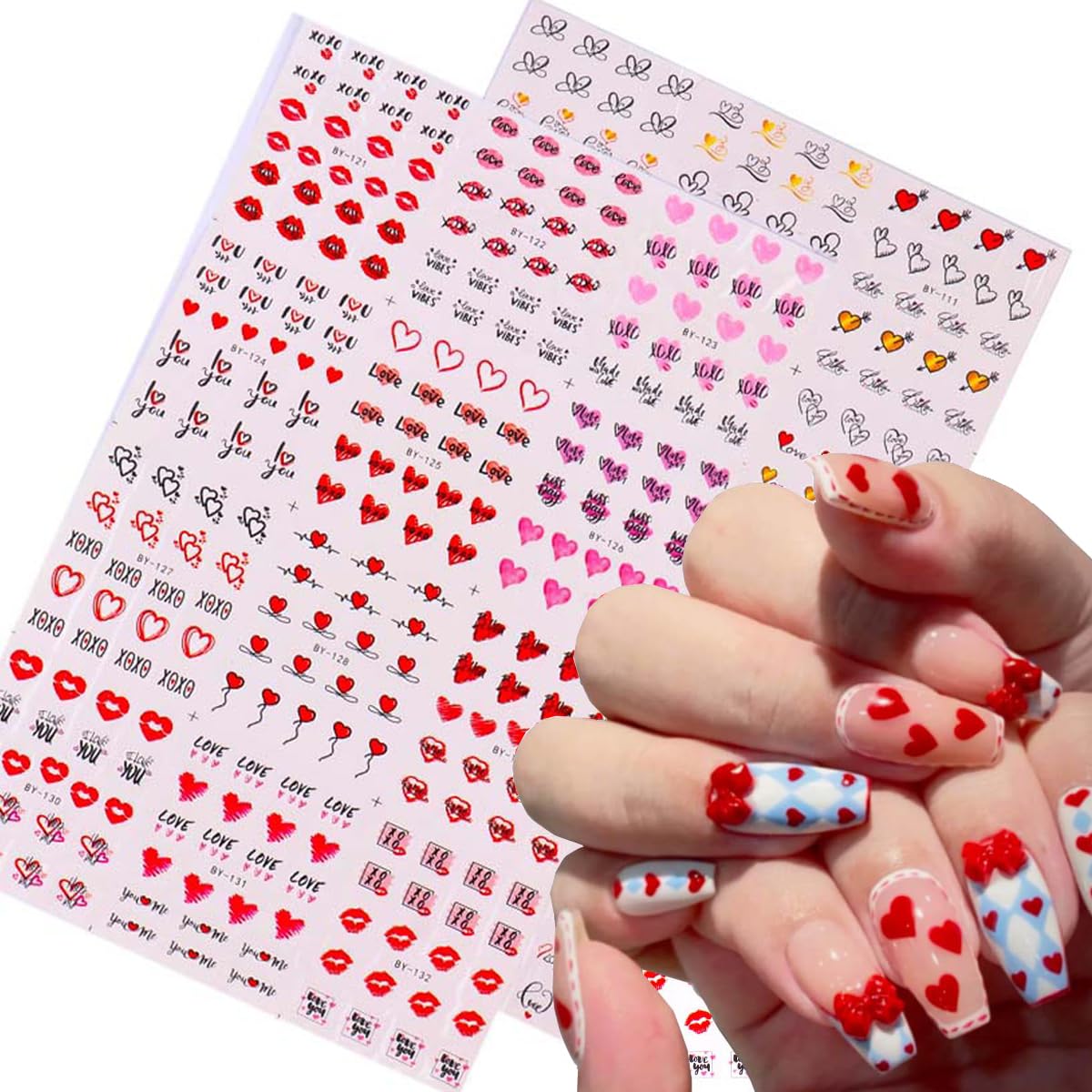 24Pcs Valentine'S Day Nail Art Stickers 3D Water Transfer Foils For Nails Decals Red Heart Lips Love Letter Patterns Designs Nai