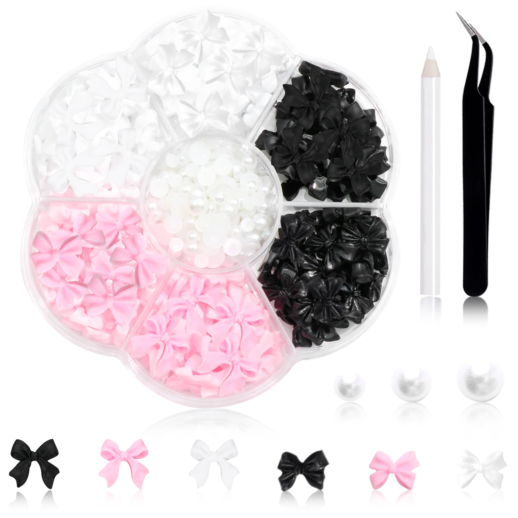 300Pcs Bow Nail Charms and Flatback Pearls,Black White Pink Bowknot 3D Cute Nail Charms for Acrylic Nail Supplies Design,White H