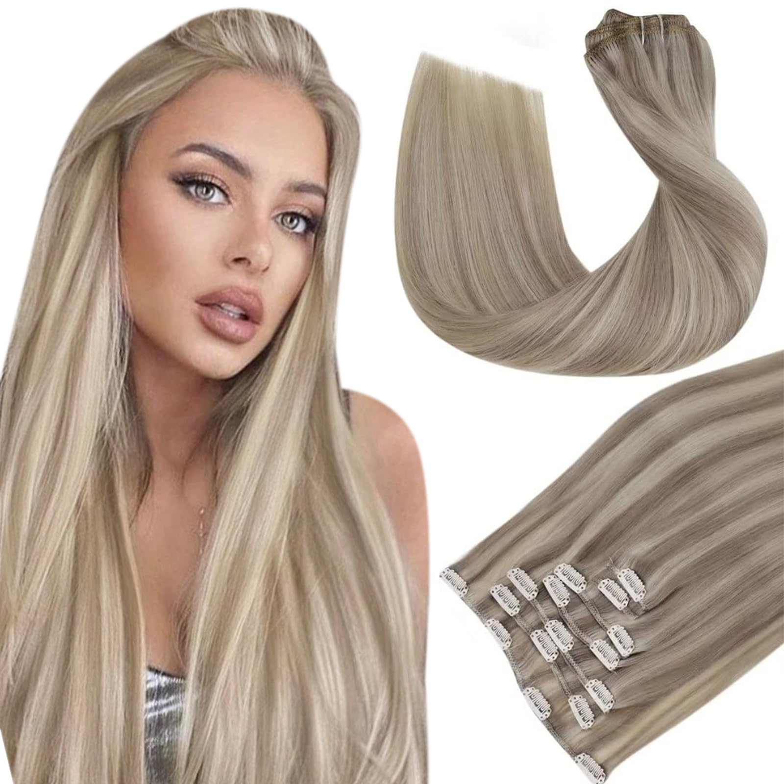 Hetto Blonde Clip in Hair Extensions Human Hair 7pcs 80g #17/23 Dirty Blonde Highlight Platinum Blonde Hair Extensions Clip in H
