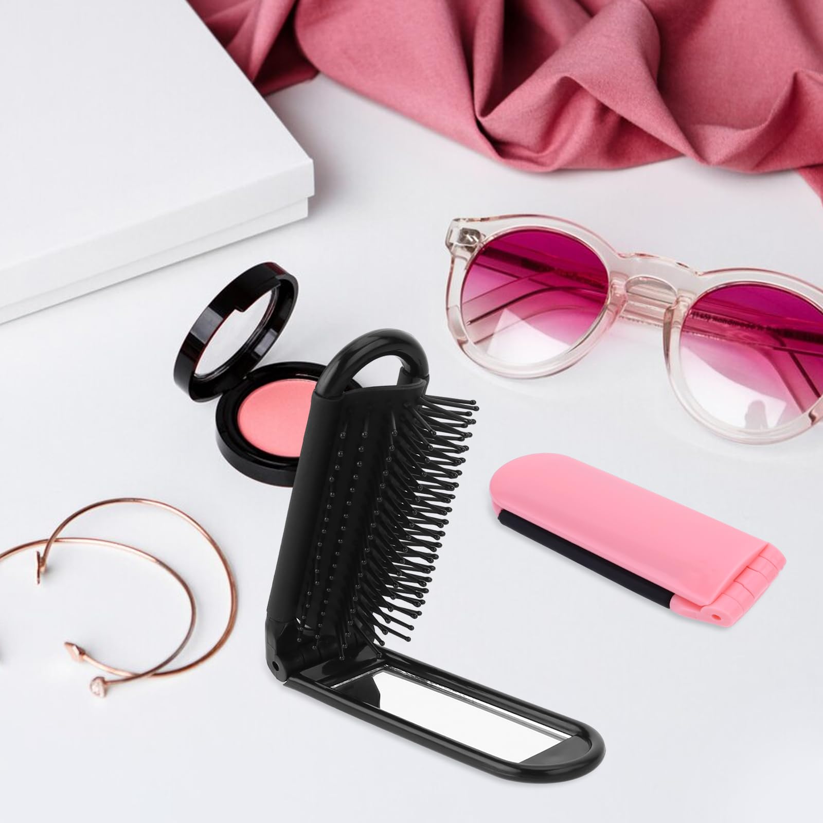 DIVINA VITAE Travel Compact Hair Brush & Mirror Set - 2 PCS Mini Folding Comb, Pink/Black, Plastic, Model 559584