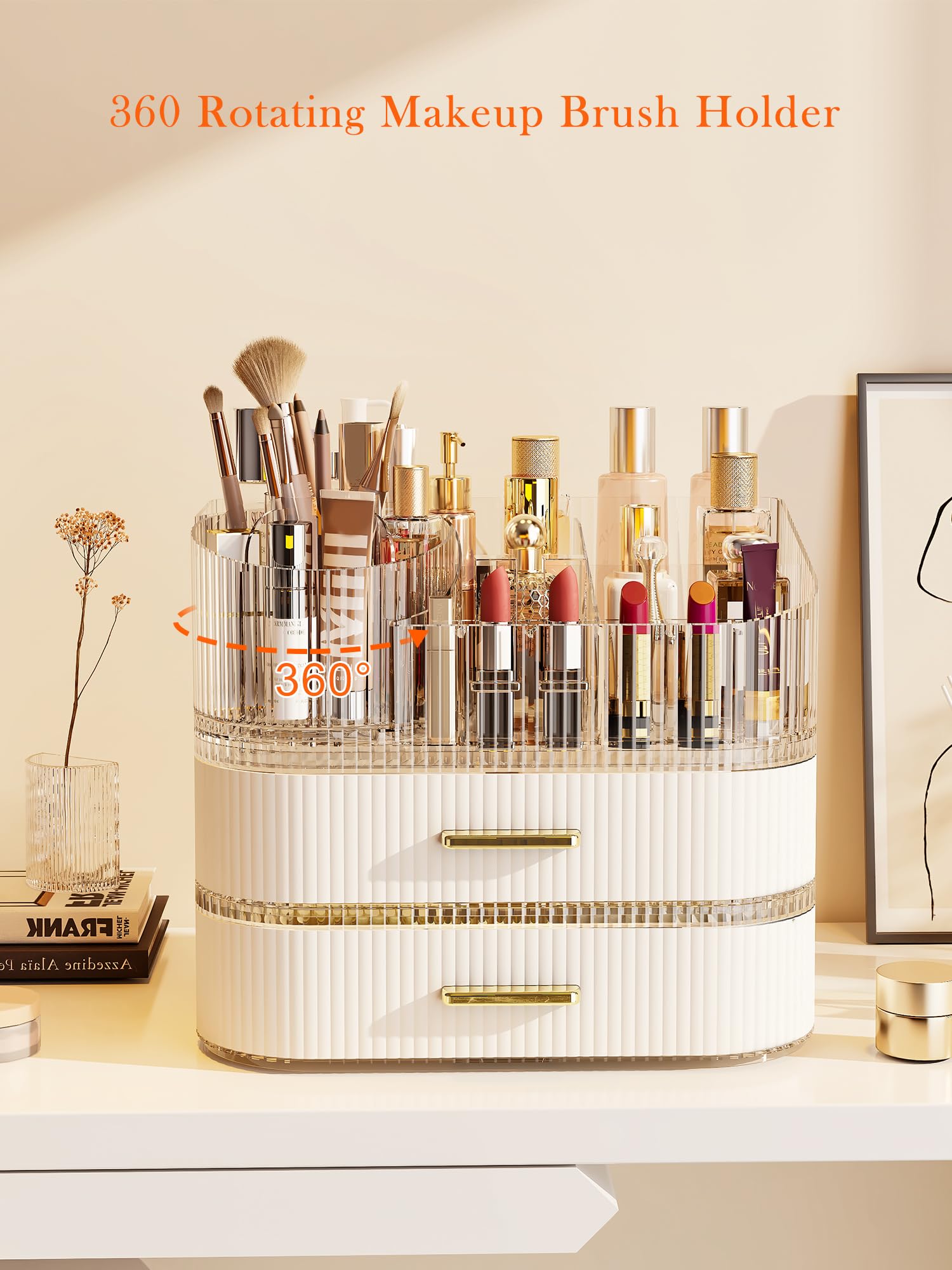 Makeup Organizer with Stackable Drawer, 360 Rotating Makeup Brush Holder, 11-inch Wide Large Cosmetic Display Case, Skincare Org