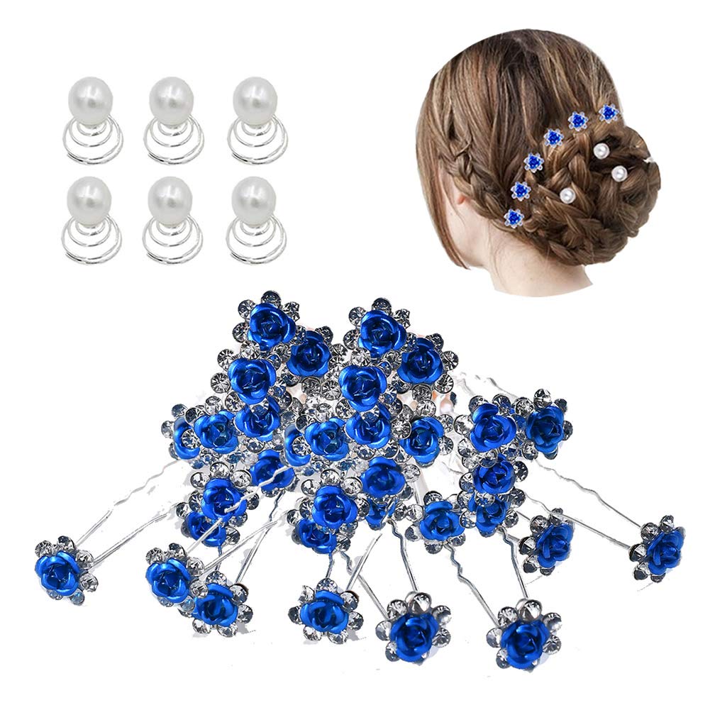 inSowni 40pcs Bridal Wedding Rhinestone Rose Flower U-shaped Hair Pins & 6pcs Twist Pearl Hairpins Headpiece Set in Gift Box for