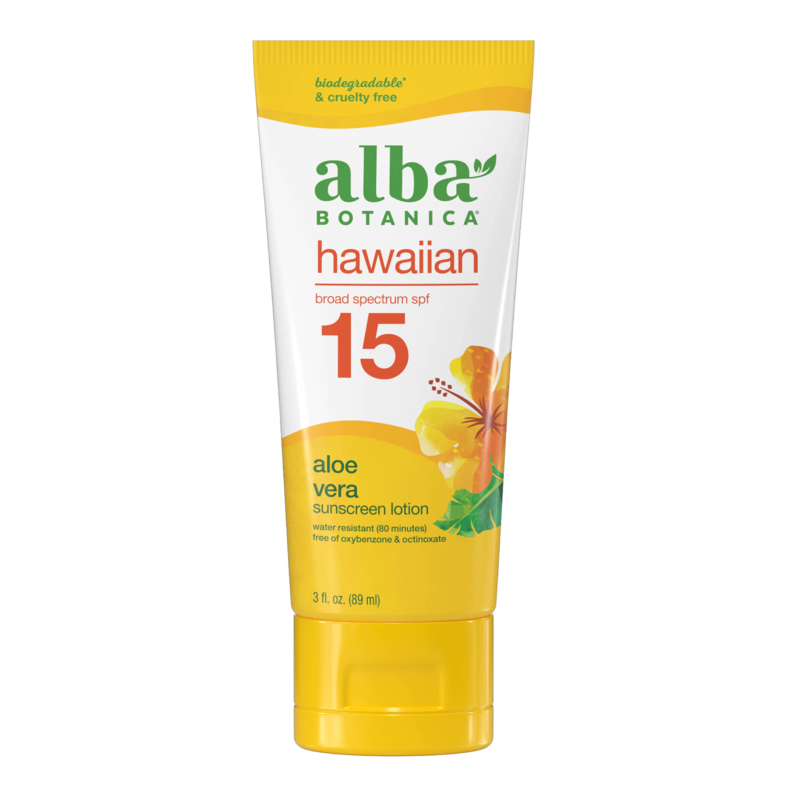 Alba Botanica Sunscreen For Face And Body, Hawaiian Aloe Vera Sunscreen Lotion, Broad Spectrum Spf 15 Sunscreen, Water Resistant
