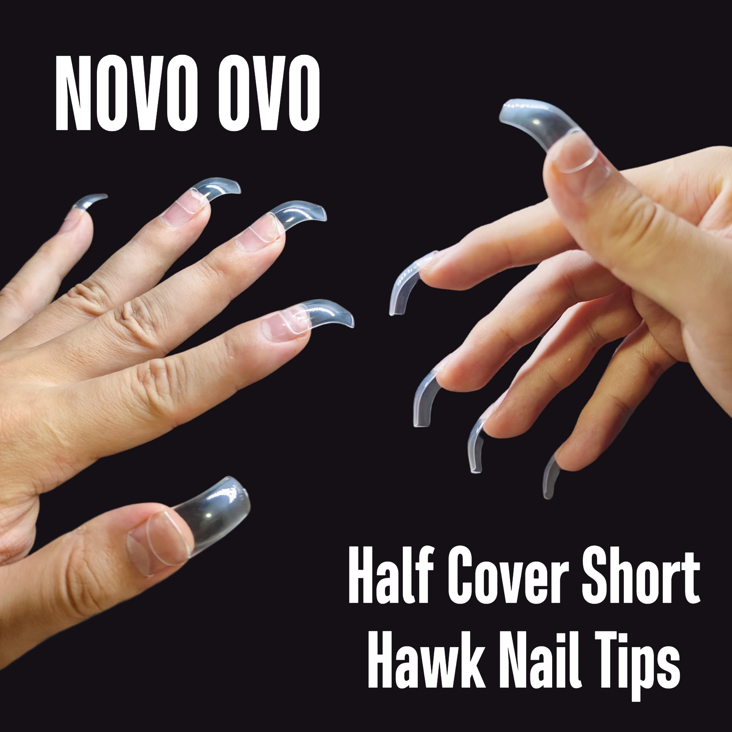NOVO OVO 500 pcs Hawk Curved Transparent Clear Cystal Extra Super Extreme Deep Curve Half Cover Short Square Tapered Eagle Claw