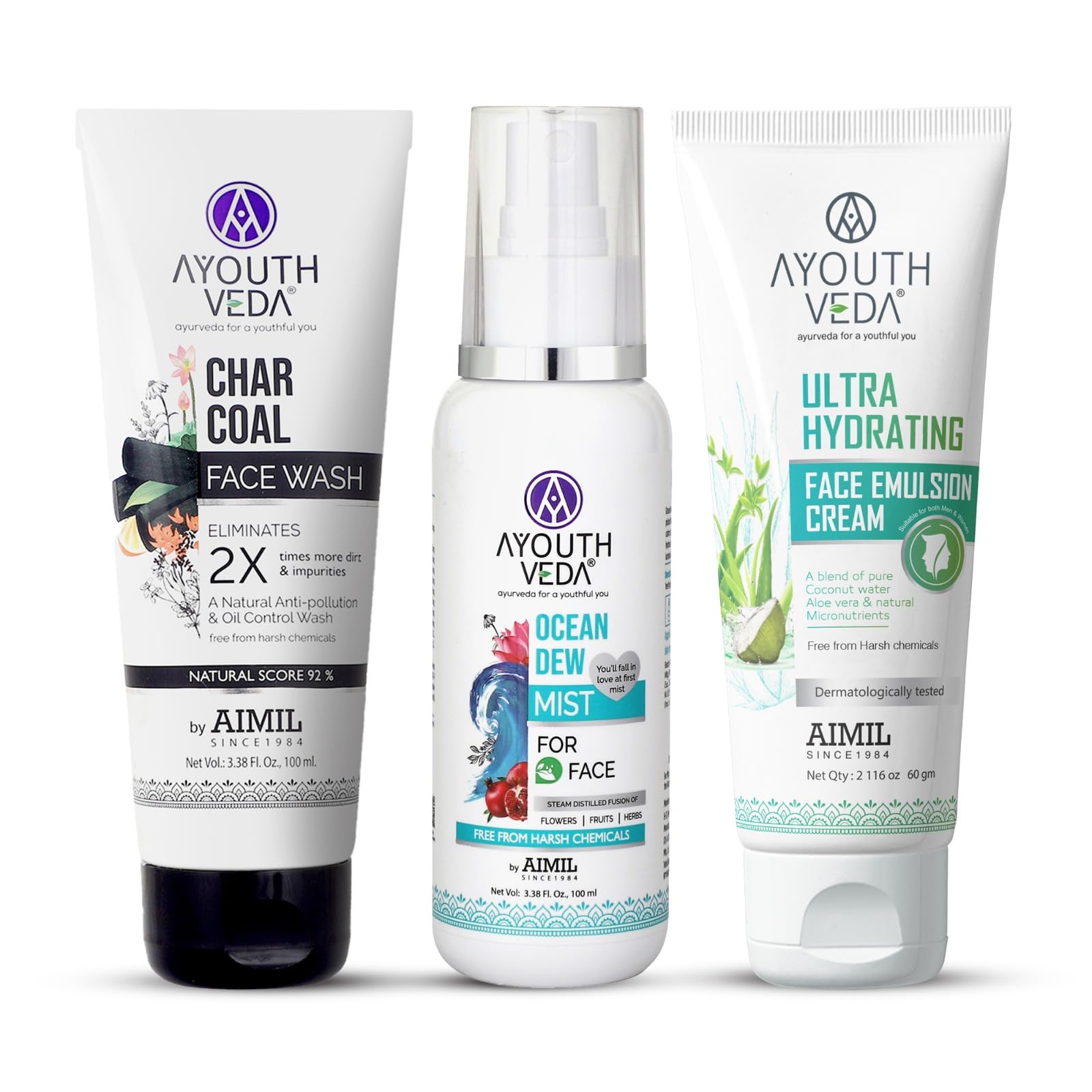 Ayouthveda Ctm Combo For Dirt Free Clear Skin, Dark Spots, Refreshes Complexion Charcoal Face Wash(100Ml) | Ocean Mist(100Ml) | 