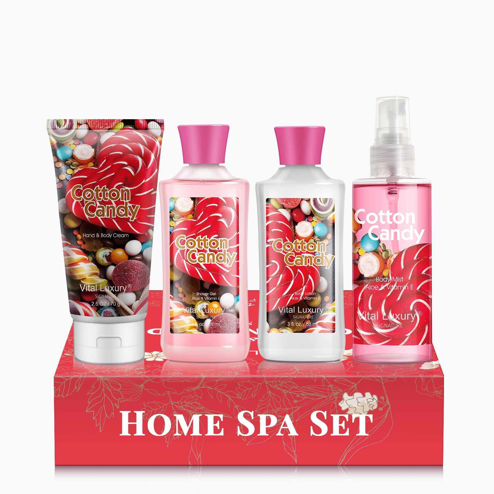 Vital Luxury Cotton Candy Bath & Body Kit,3 Fl Oz-4Pcs, Home Spa Set Including Body Lotion, Shower Gel, Body Cream, And Fragranc