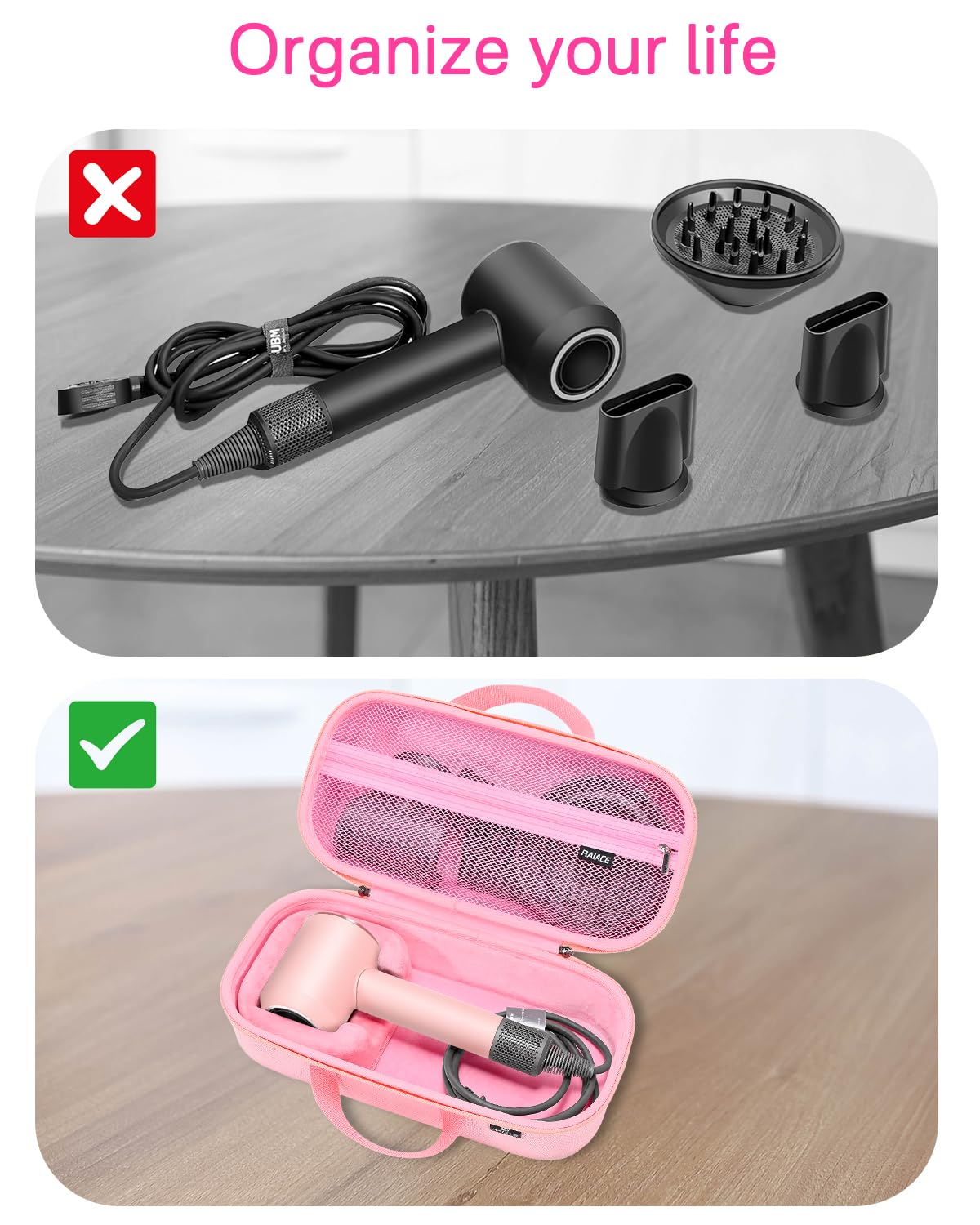 RAIACE Hard Storage Case Compatible with Dyson Hair Dryer, Travel Carrying Bag. (for Sale is case only). - Rose Red