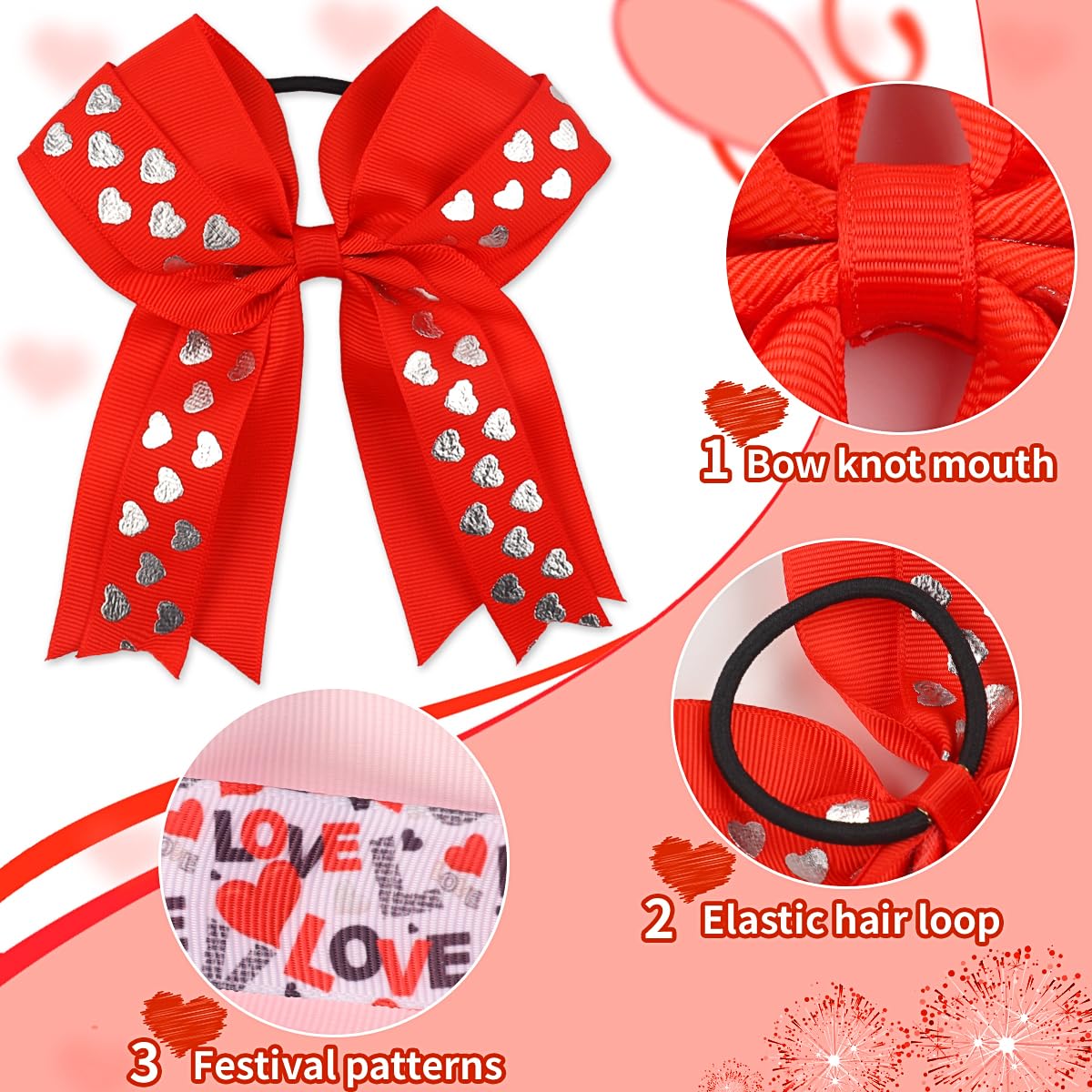 Valentine Heart Hair Bows Ties Red Heart Bow Hair Tie for Girls Large Cheer Bows Glitter Cheerleading Hair Bows Ponytail Holders