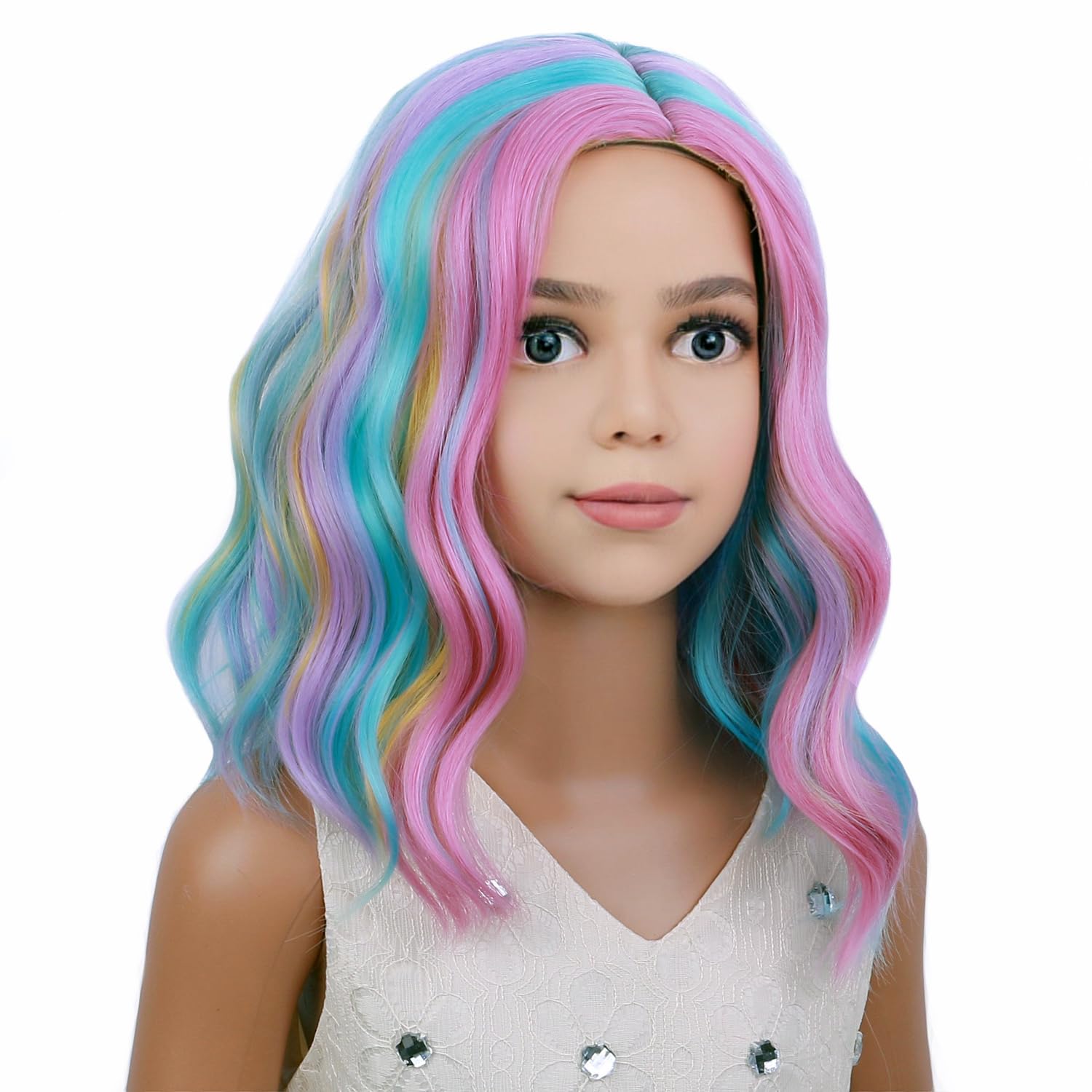 PATTNIUM Rainbow Wig Kids Child Wig Short Wavy Wig Rainbow Wig Multicolor Wig Girls Synthetic Wig Cosplay Halloween Party Costum