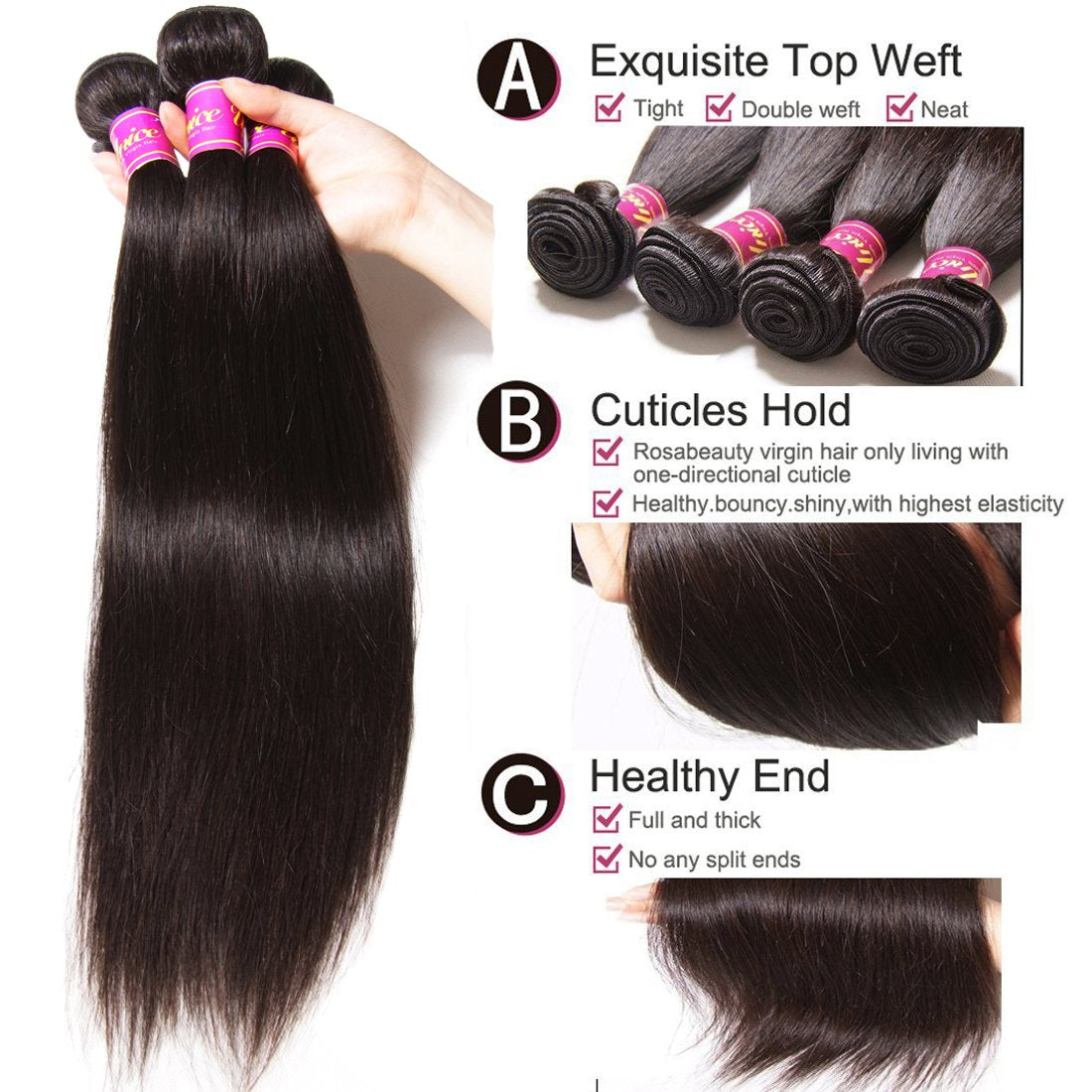 Unice Hair 10A Malaysian Straight Human Hair 4 Bundles Unprocessed Virgin Human Hair Weave Extensions (18 18 18 18 Inch)