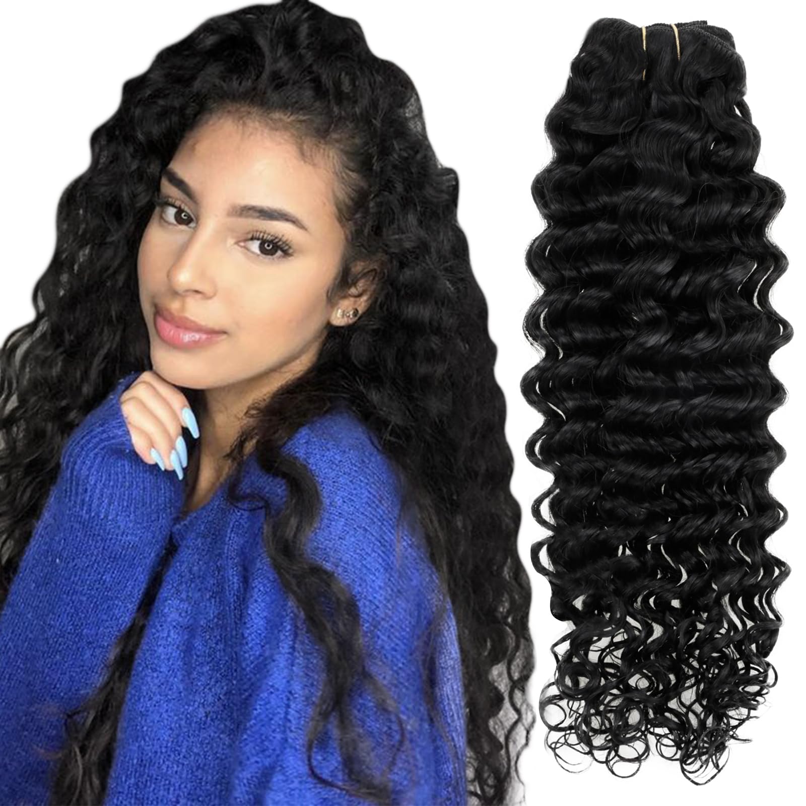 Hetto Black Curly Hair Extensions Clip In Human Hair #1 Jet Balck Clip In Hair Extensions Water Wavy Hair 7Pcs 105G +20G Double