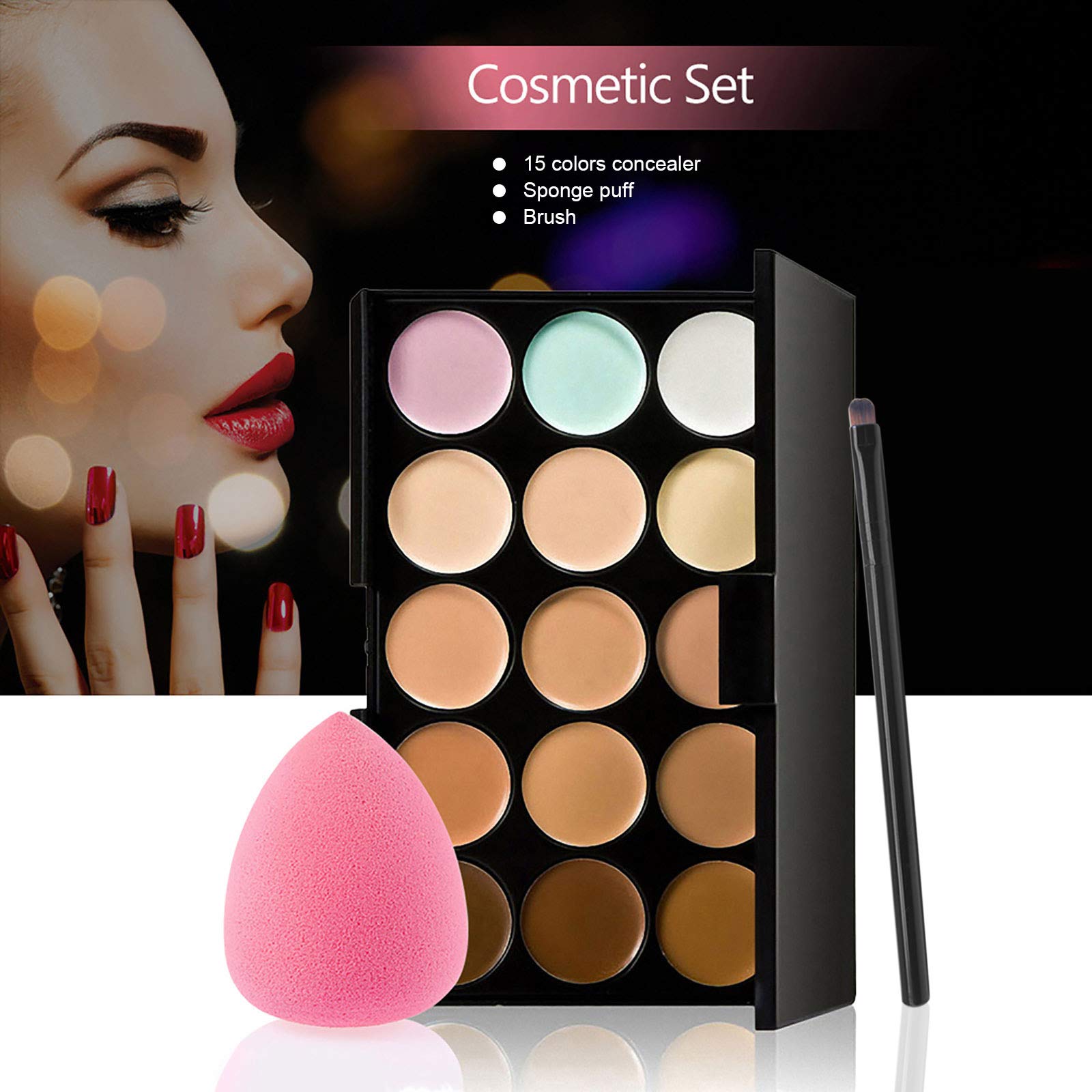 Concealer Palette, 15 Colors Makeup Palette Facial Camouflage Contour Palette With Sponge Puff Oval & Makeup Brush Beauty Make U