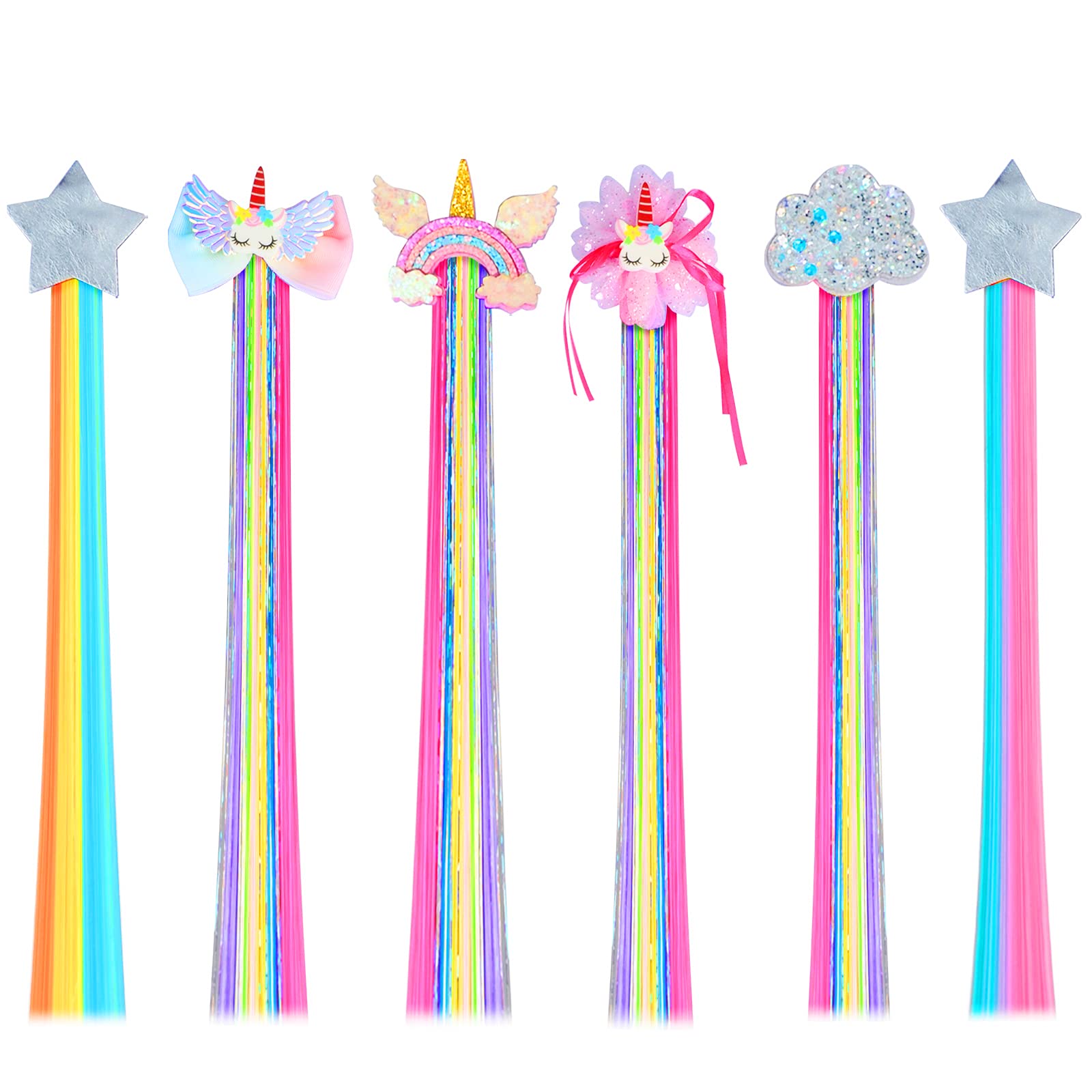 Little World Hair Clips for Girls, 6 Pcs Rainbow Hair Extensions, Unicorn Hair Clips for Girls Toddler Kids Ponytails, Hand-made
