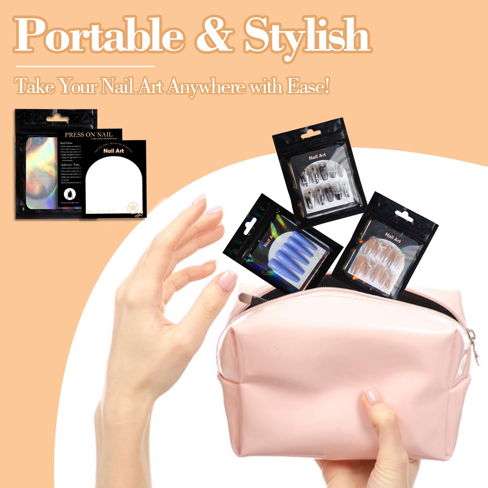 202pcs Press on Nail Packaging Bag, 100pcs Empty Holographic Nail Storage Bag and 100pcs Instruction&Display Black Cardboard wit