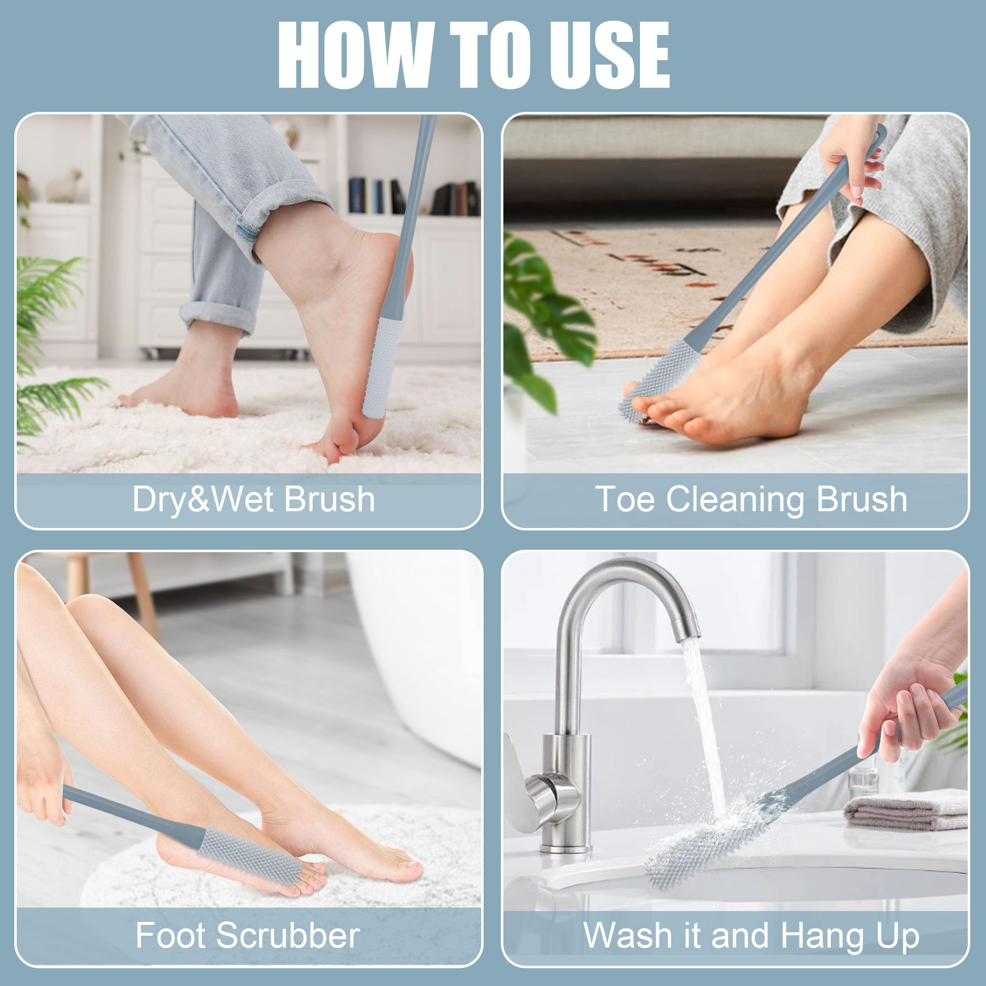 Owiizi Toe Cleaning Brush 15.7'' Foot Scrubber In Shower With Long Handle Silicone Foot Brush Soft Skin Exfoliation Lotion Appli