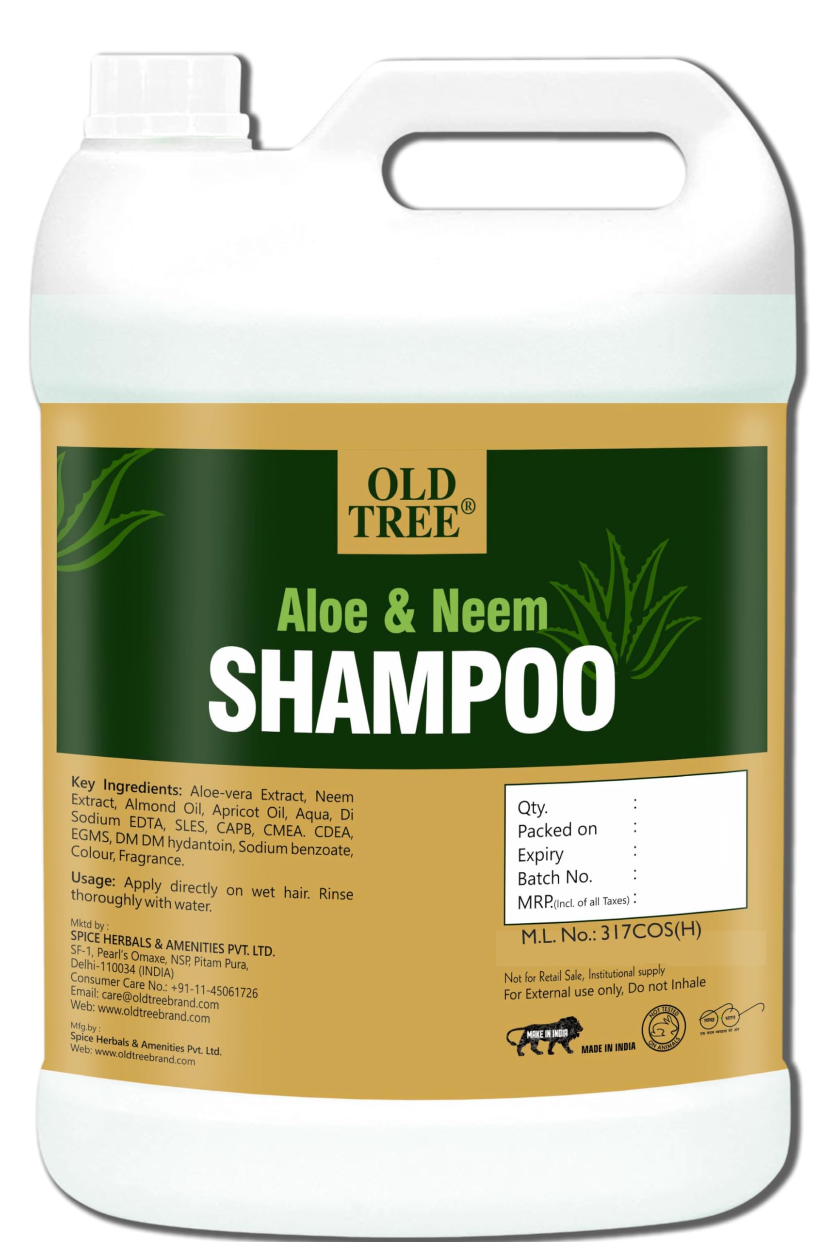Old Tree Neem & Aloe Vera Hair Shampoo 5L For Hotel Rooms, Hospital, Guest House - Refill Shampoo Kit For Silky And Shiny Hair