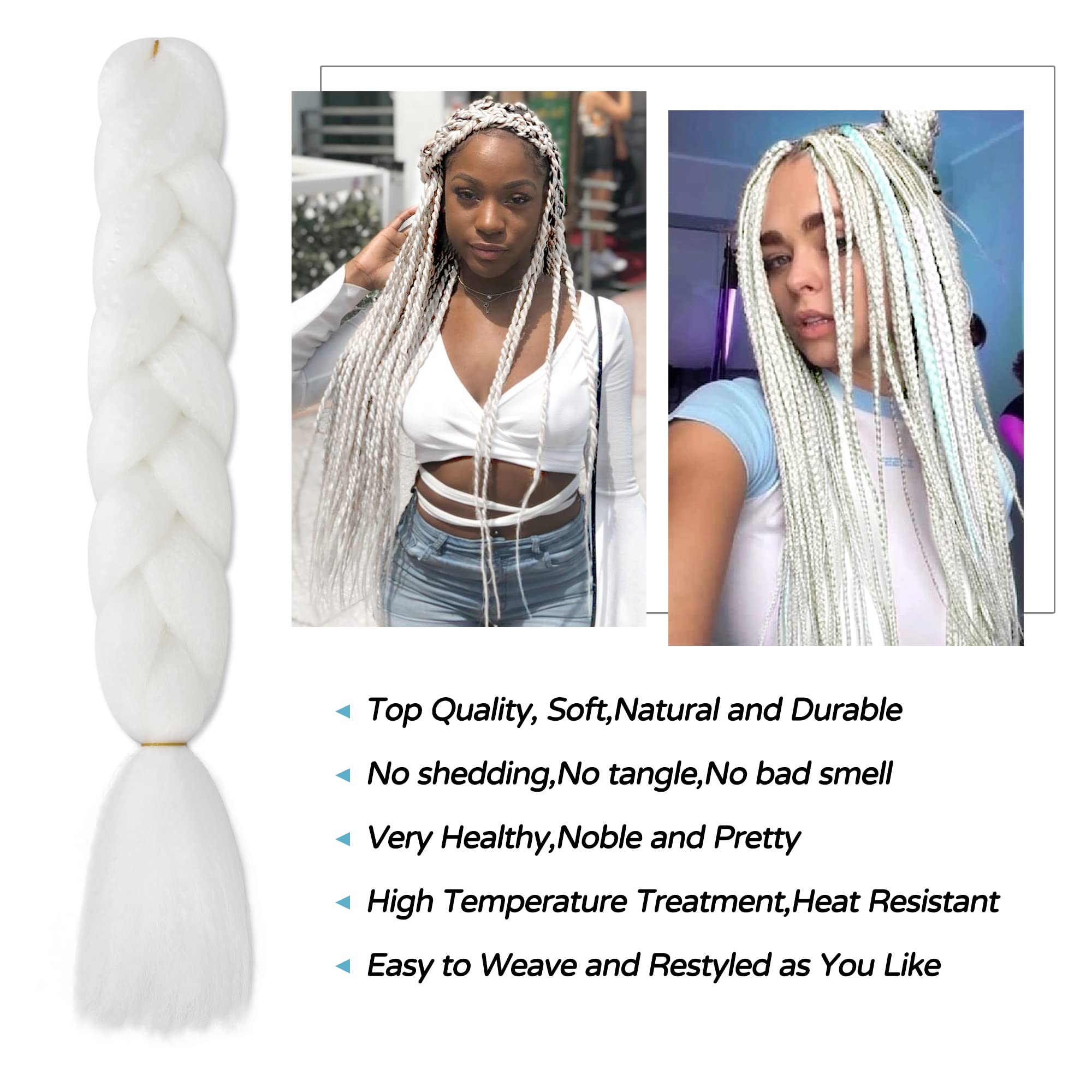 Vckovcko Solid White Jumbo Braiding Hair Extension Kanekalon Jumbo Box Braiding Hair Synthetic Kanekalon Fiber For Twist Braidin