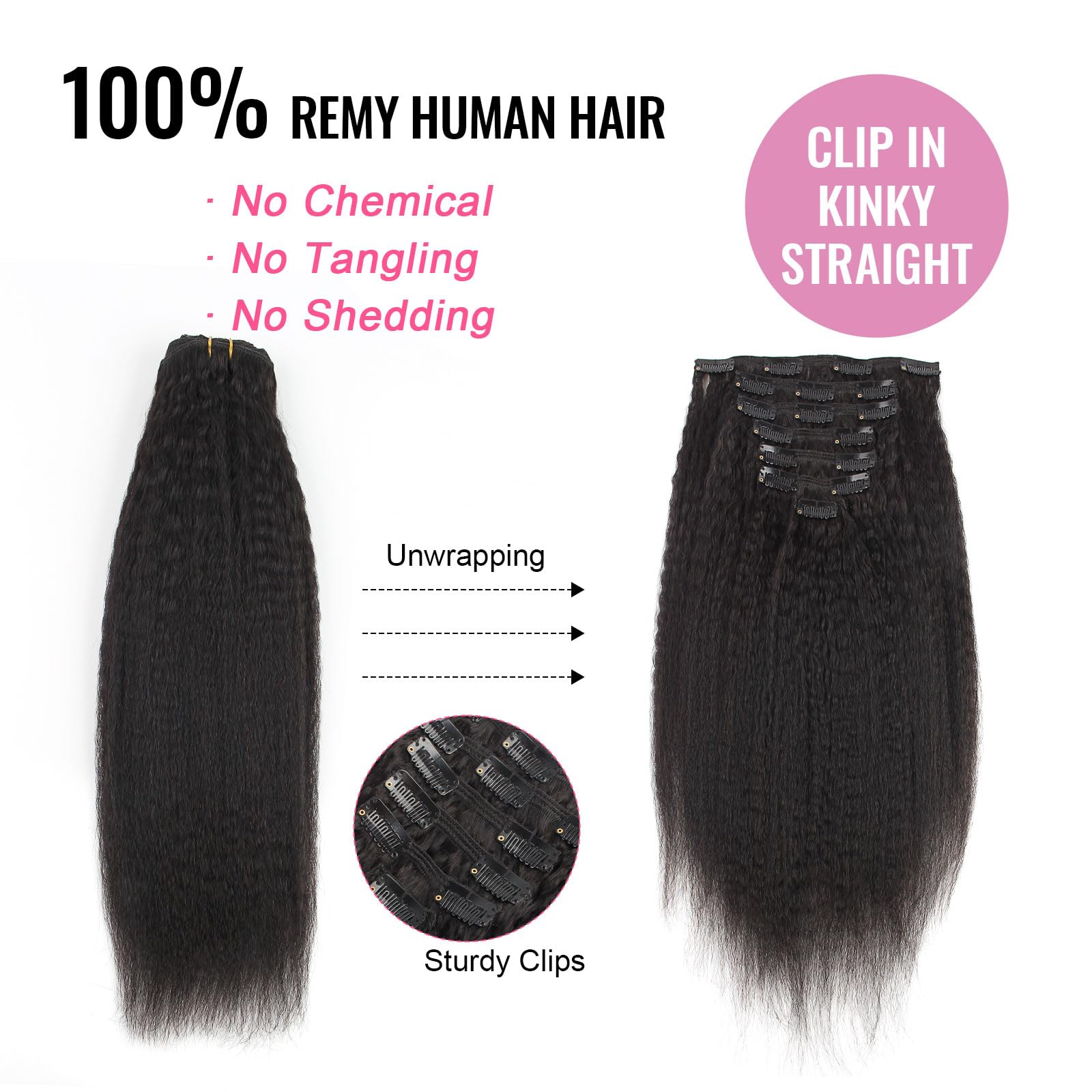 AmazingBeauty Kinky Straight Clip in Extensions Italian 8A Grade 100% Remy Hair Natural Black 7 Pieces with 17 Clips 120g/4.2oz