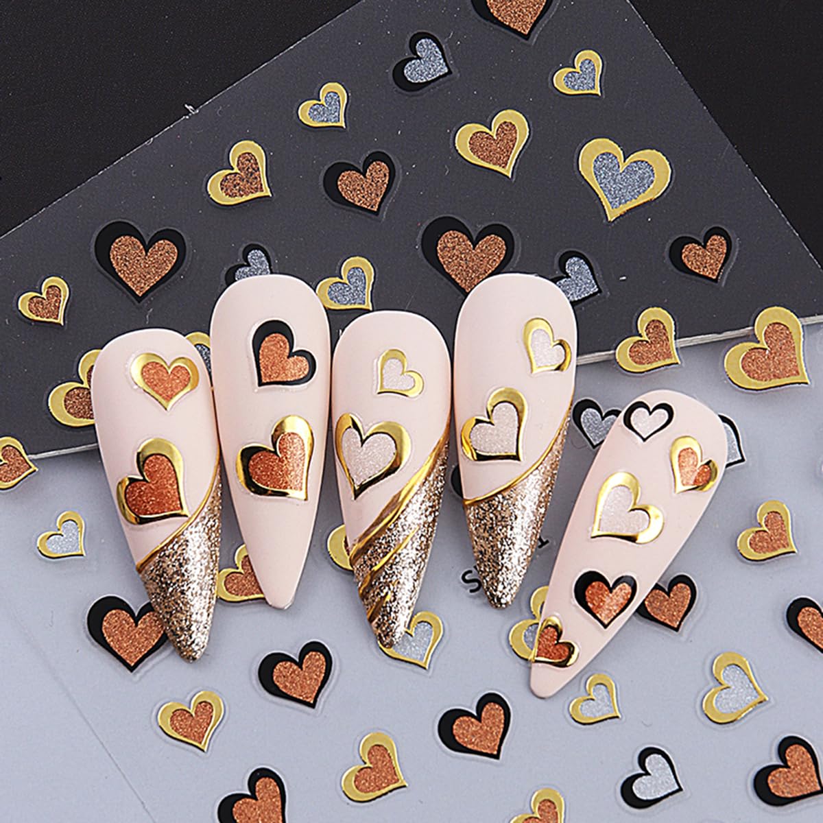 Valentine'S Day Nail Art Stickers Decals Love Heart Nail Stickers 6Pcs Golden Edge Love Heart Pattern Design 3D Self-Adhesive Na
