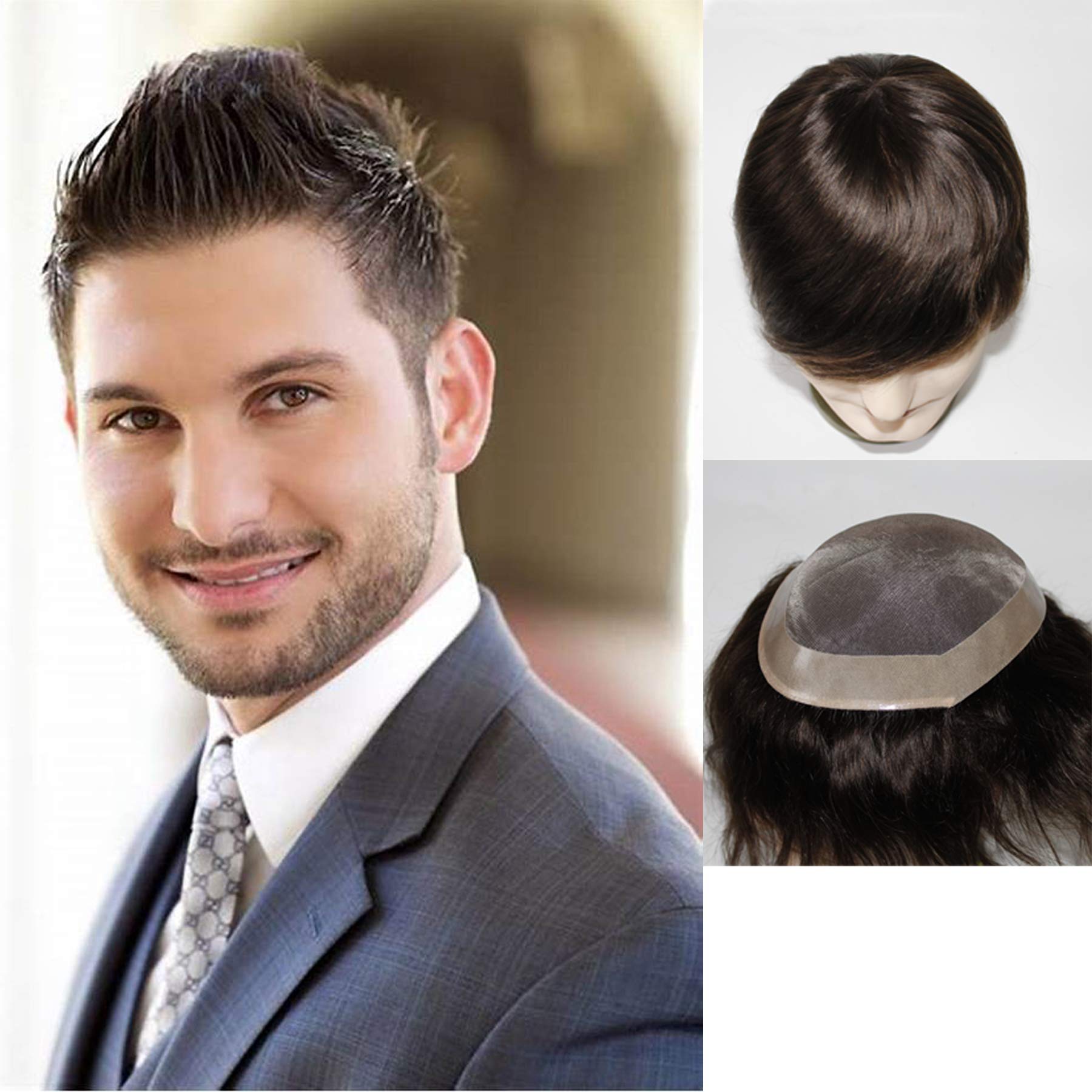 lumeng Wigs for Men Hair Loss Real Hair Toupee Mono Lace Systems Size 7x9 Inch Color 3# 