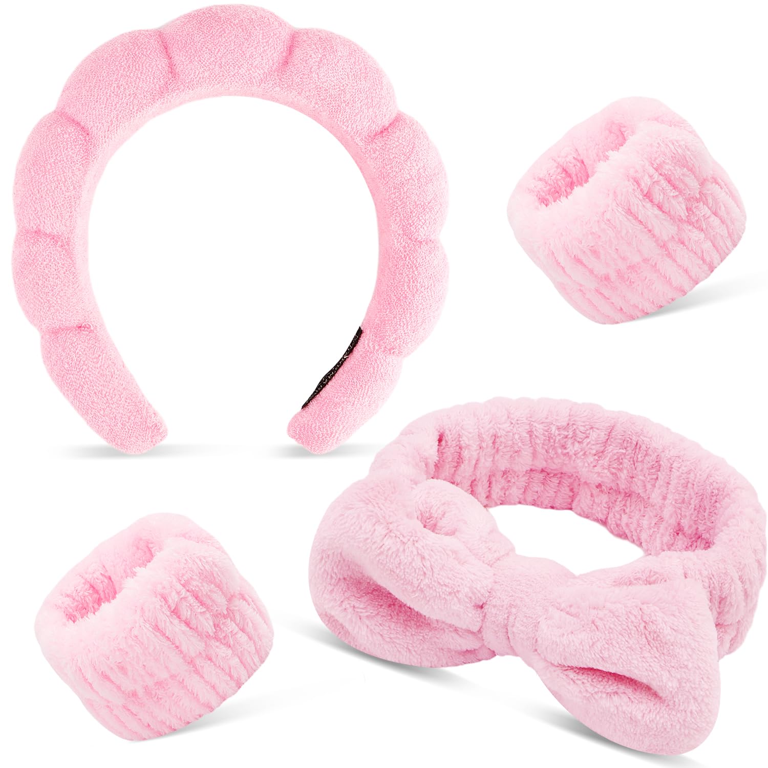 Chanaco Hairband, 2 Pcs Spa Headbands and 2 Pcs Wrist Bands for Women, Pink Microfiber Face Wash Headband with Bow Tie, Skincare