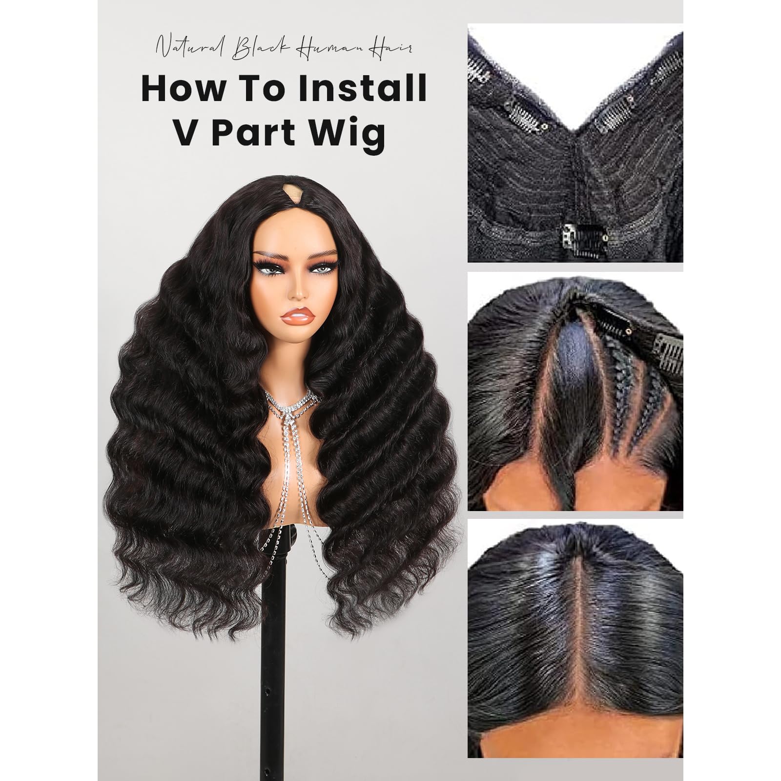 Megalook V Part Wig Human Hair 12A Loose Deep Wave Curly Wig Human Hair Glueless U Part Wig With Clip 210% Density Half Wigs For