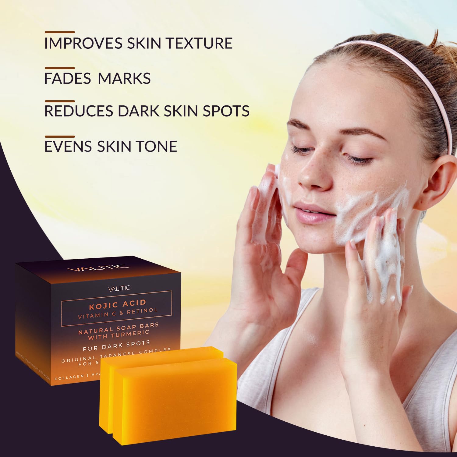 Valitic 2 Pack Kojic Acid Vitamin C & Retinol Soap Bars For Dark Spot & A Pair Of Black Exfoliating Gloves For Body Scrubs