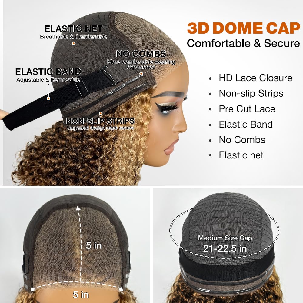 Smilegirl Highlight Glueless Bob Wig Human Hair Pre Plucked Pre Cut, P4/27 Ombre Honey Blonde Curly Human Hair Wig Glueless Wear