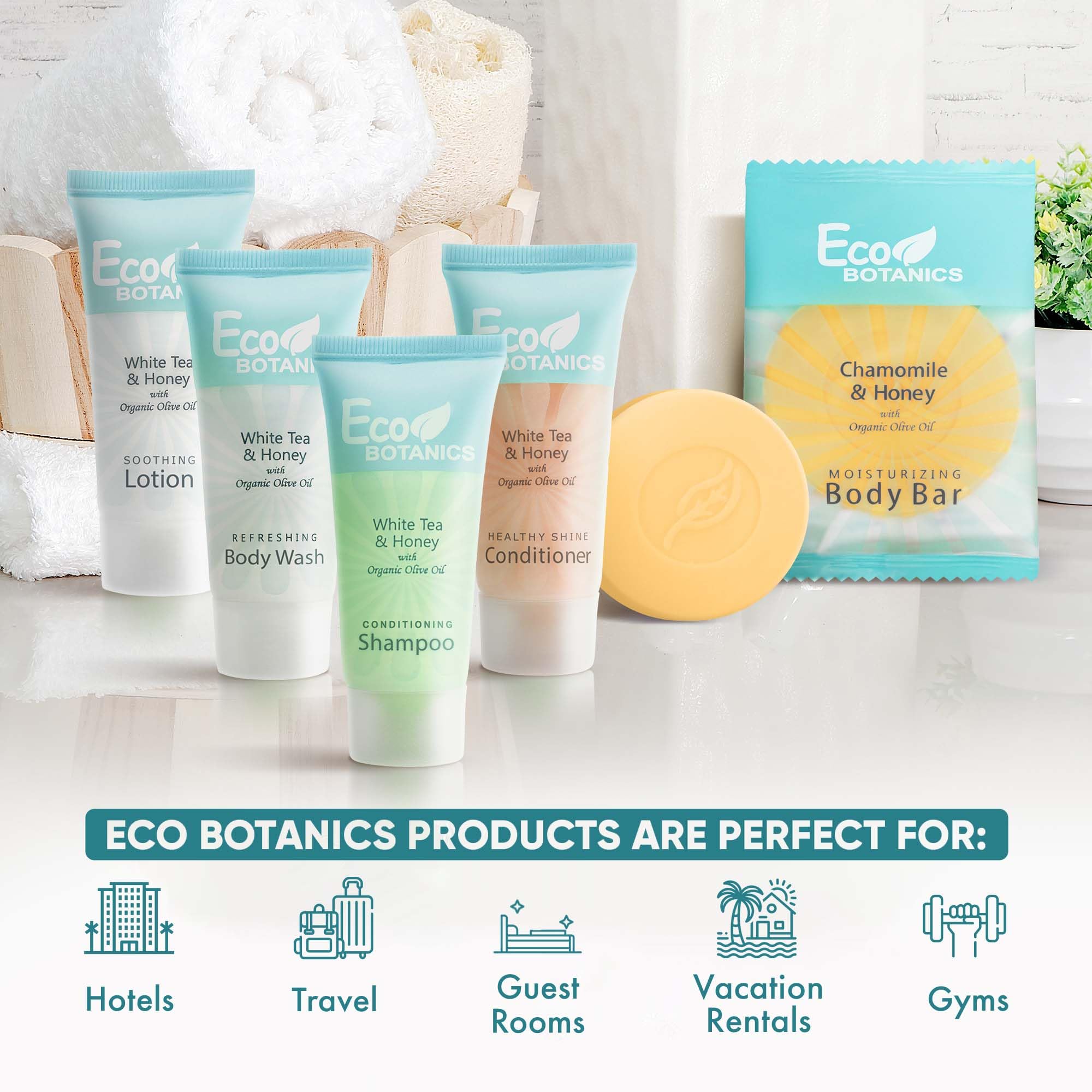 Eco Botanics Hotel Soaps And Toiletries Bulk Set | 1-Shoppe All-In-Kit Amenities |0.85Oz Shampoo & Conditioner, Body Wash, Body