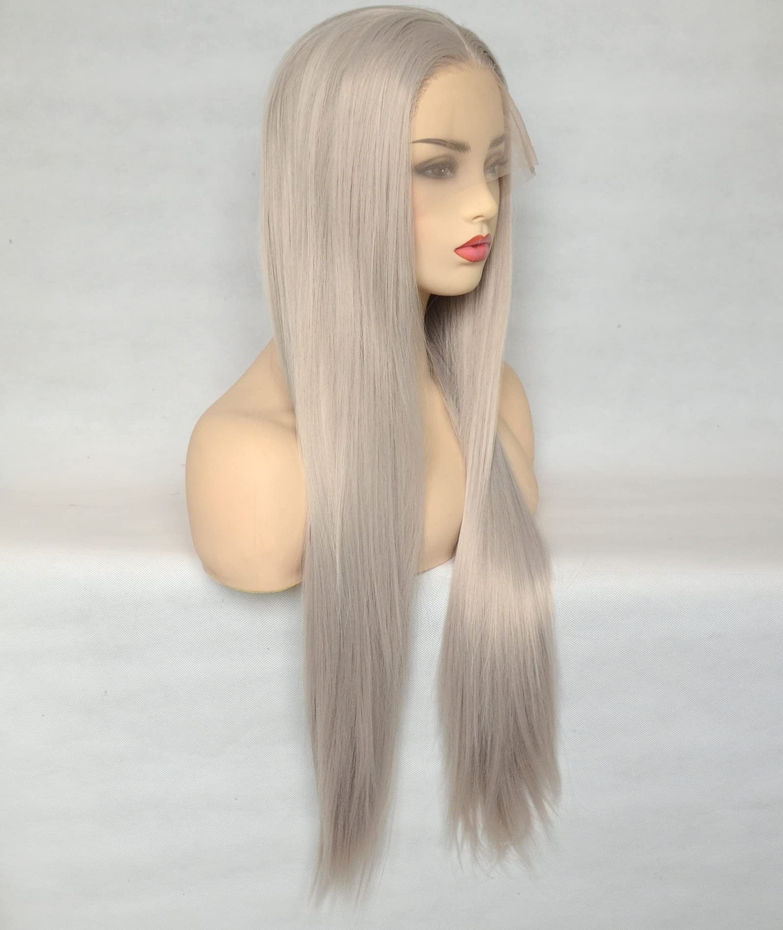 Bluple Silver Blonde Straight Lace Front Wigs Trendy Long Half Hand Tied Wig For Women Heat Resistant Synthetic Hair 22 Inches