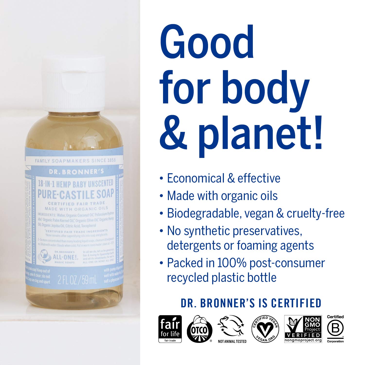 Dr. Bronners - Pure-Castile Liquid Soap (Baby Unscented, Travel Size, 2 Ounce) - Made With Organic Oils, 18-In-1 Uses: Face, Bod