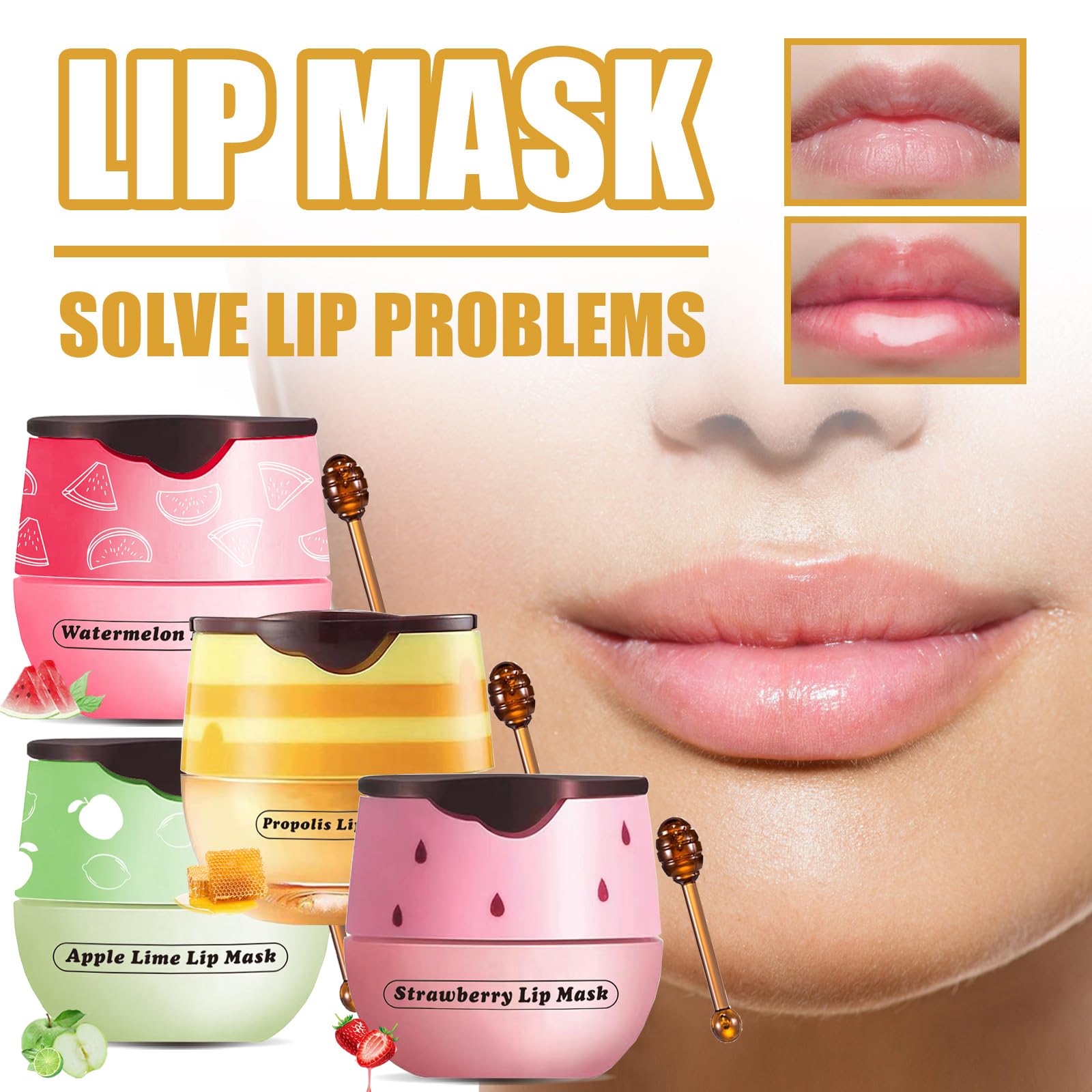 4 Pcs Honey Lip Balm, Strawberry Apple Watermelon Lip Mask, Moisturizing Lip Sleeping Mask, Hydrate Repair Prevent Dry Cracked L