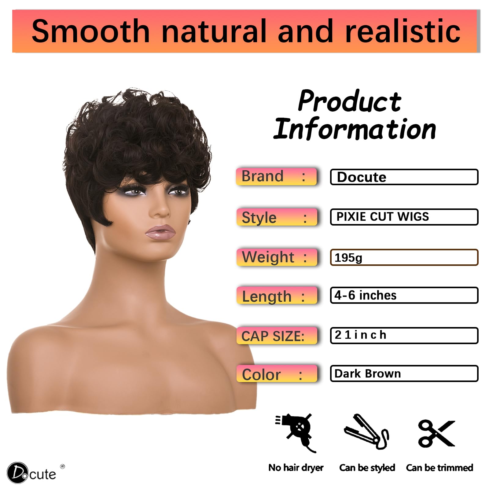 Docute Pixie Cut Wig Short Wig Glueless Synthetic Wig Layered Curly Wigs, Dark Brown Short Cut Wig Perfect Pixie Wig For Black W
