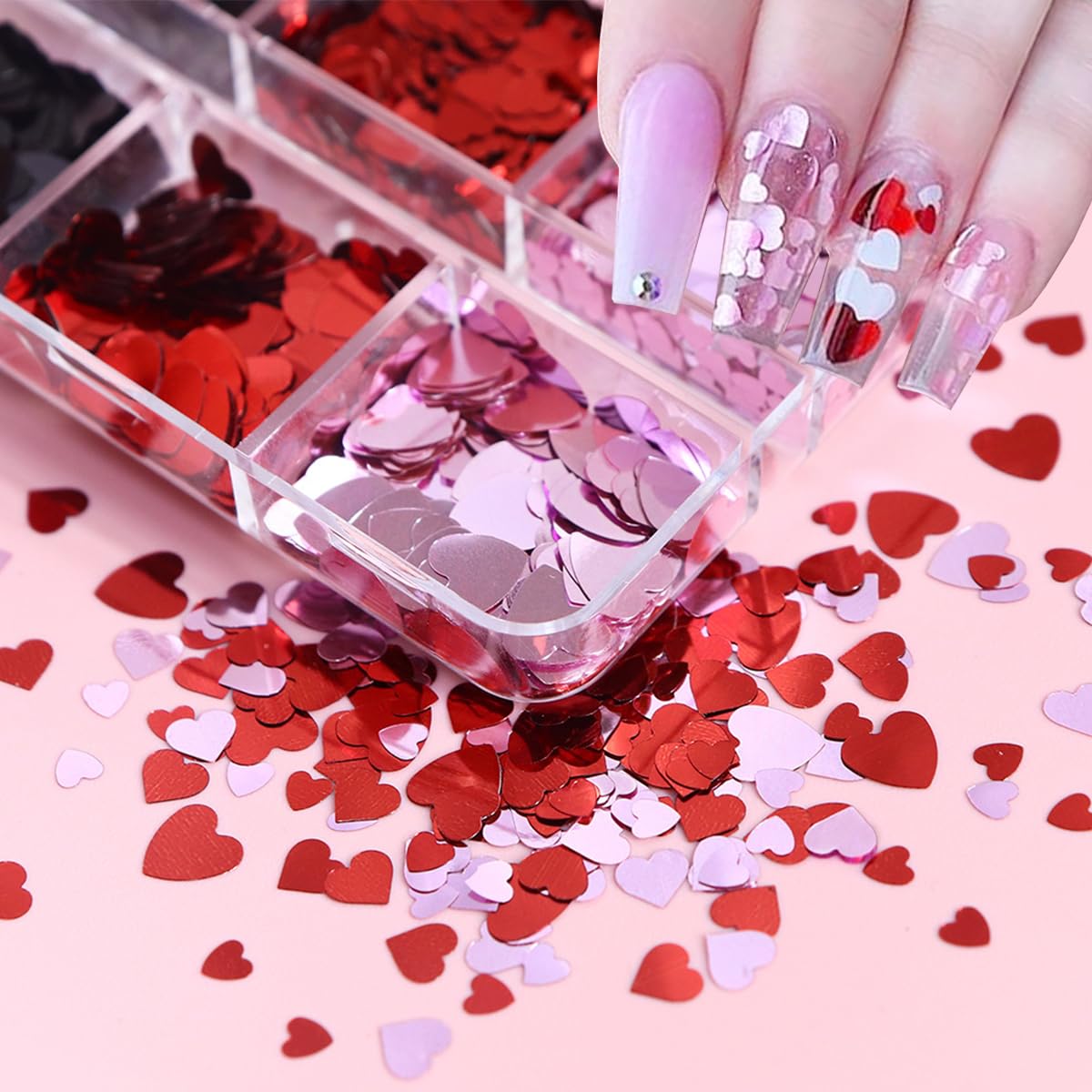 6 Grids Heart Nail Art Glitter Sequins Valentine'S Day Nail Art Glitter Flakes 3D Holographic Love Heart Nail Sequins Heart Conf