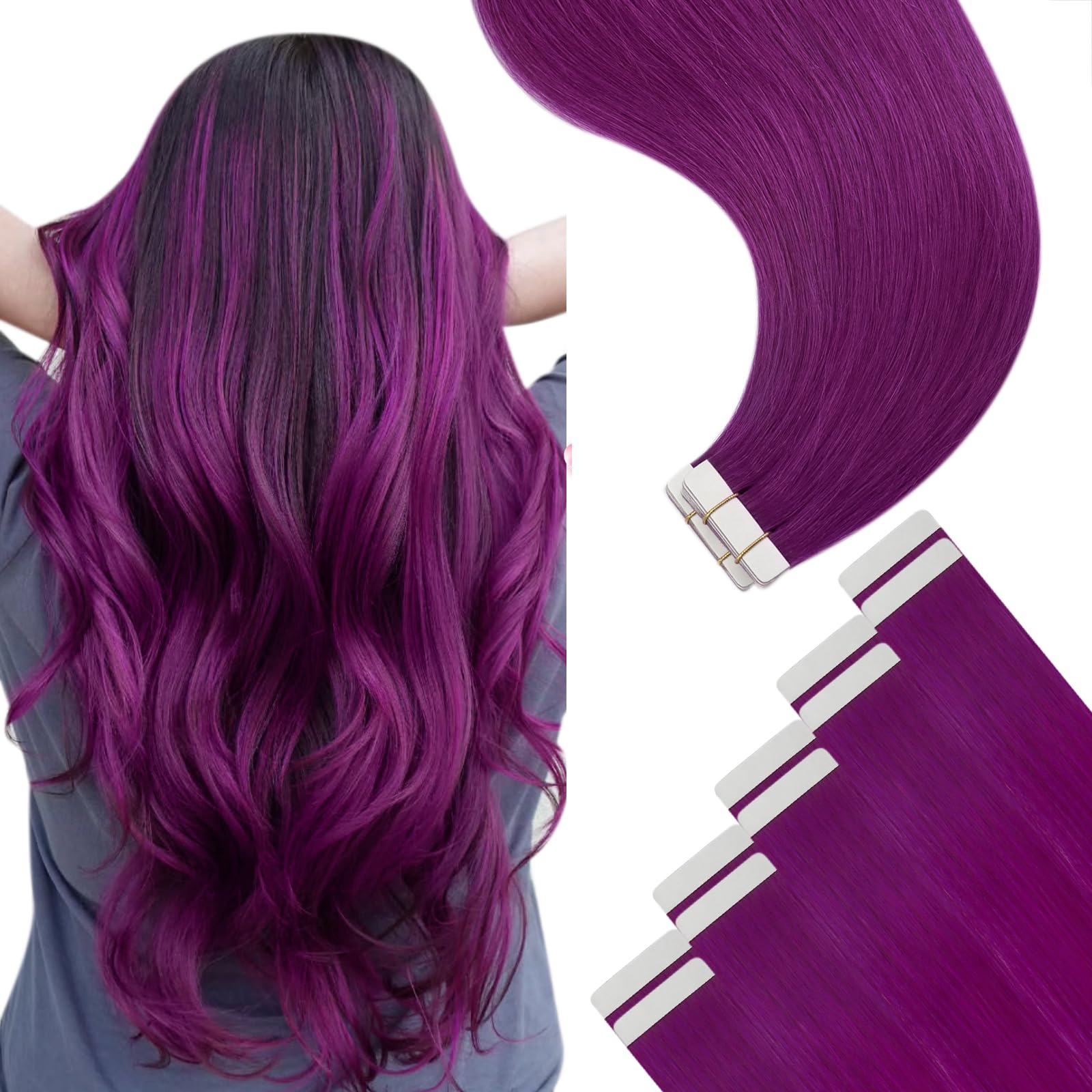 YoungSee Tape in Hair Extensions Real Human Hair Purple Invisible Tape in Human Hair Extensions Purple 18 Inch Seamless Tape Hai