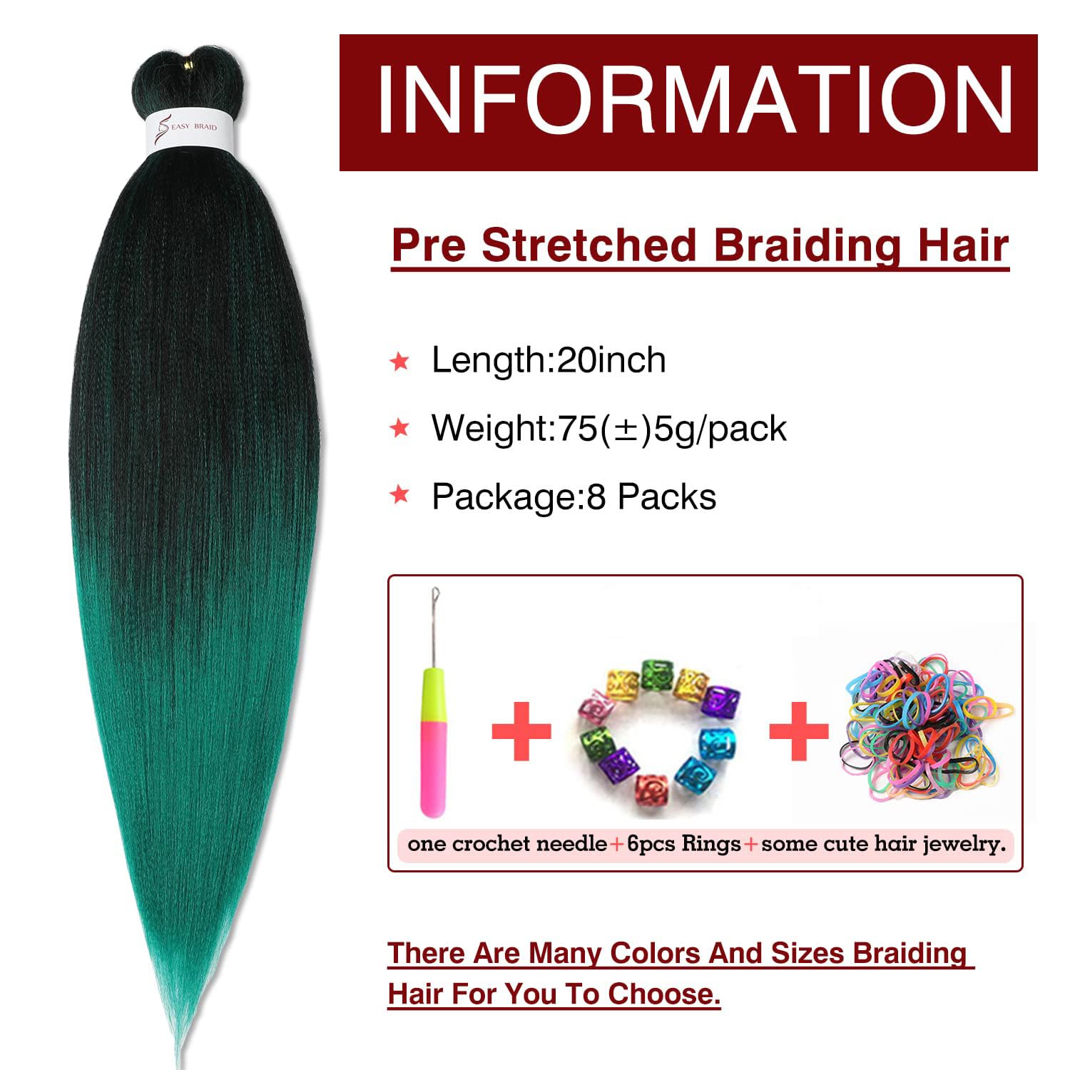 Pre-Stretched Braiding Hair Extensions Ombre Black To Green - 20 Inch 8 Packs Synthetic Crochet Braids, Hot Water Setting Profes